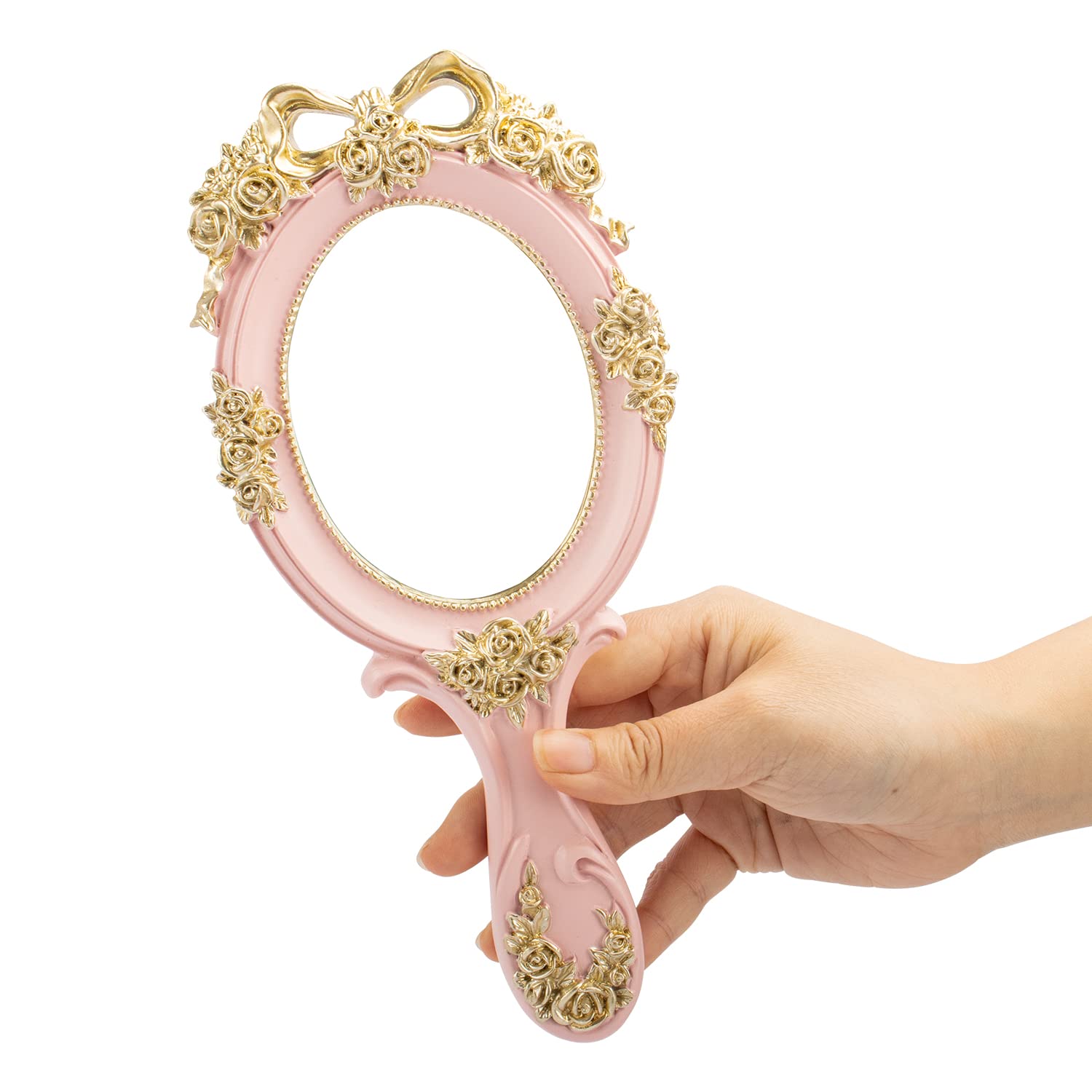 Vintage Floral Embossed Handheld Mirror - Pink Decorative Makeup Mirror for Vanity, Travel & Gifts | Compact Hand Mirror with Elegant Design for Home Decor, Bridal & Beauty Use