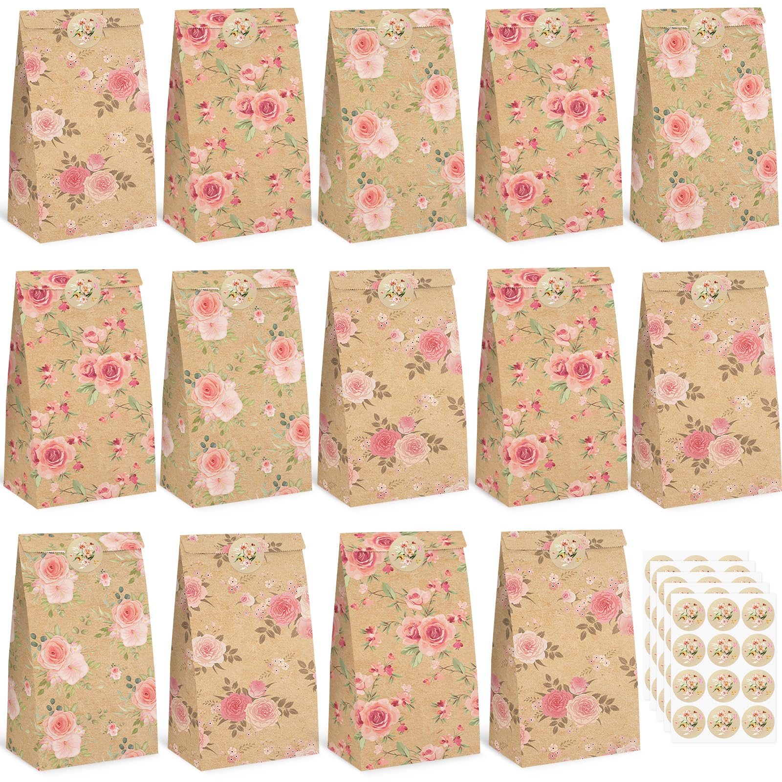 VGOODALL 54PCS Floral Gift Bags - Eco-Friendly Kraft Paper Treat Bags for Lunch, Party Favors, Weddings, Birthdays & Baby Showers - Includes Decorative Stickers | Perfect for Gift Wrapping, Party Decorations & Favor Packaging