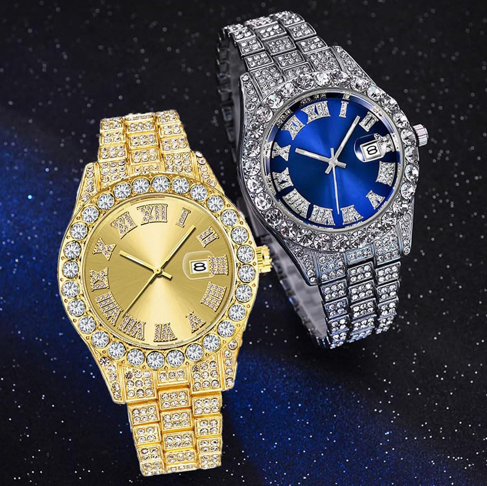 Luxury SENRUD Men's Diamond Watch - Fashion Iced-Out Crystal Rhinestone Quartz Analog Watch with Bracelet Wristband - Perfect for Parties, Weddings & Formal Events