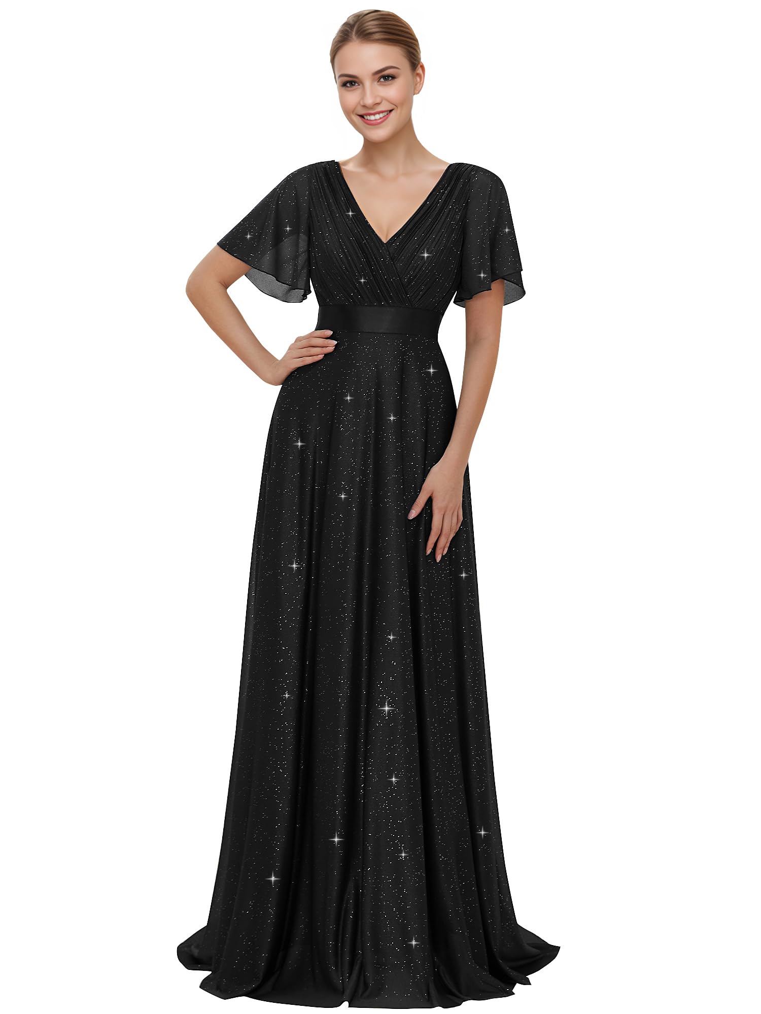 Ever-Pretty Women's V-Neck Short Sleeve Glitter A-Line Evening Dress for Prom, Cocktail Party & Formal Occasions - Style 50159
