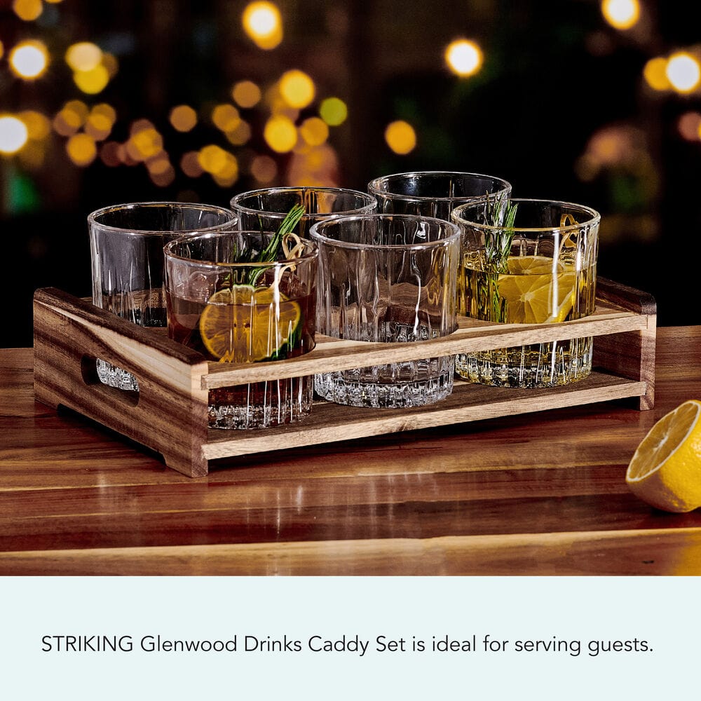 Glenwood 7-Piece Double Old Fashioned Bar Caddy Set - Premium Home Bar Accessories for Cocktail Mixing & Entertaining