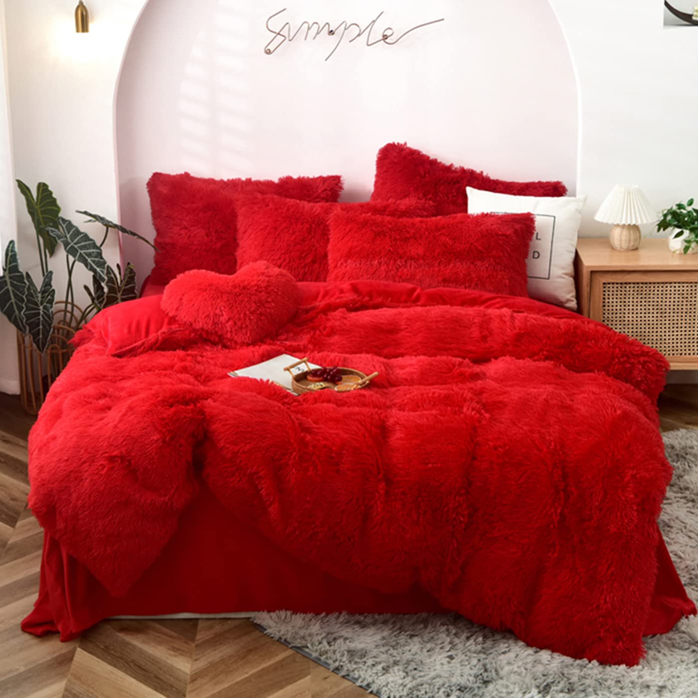 MorroMorn 5-Piece Shaggy Duvet Cover Set - Long Faux Fur Luxury Bedding, Ultra Soft & Cozy (Red, Full/Queen Size) for Winter Warmth & Stylish Bedroom Decor