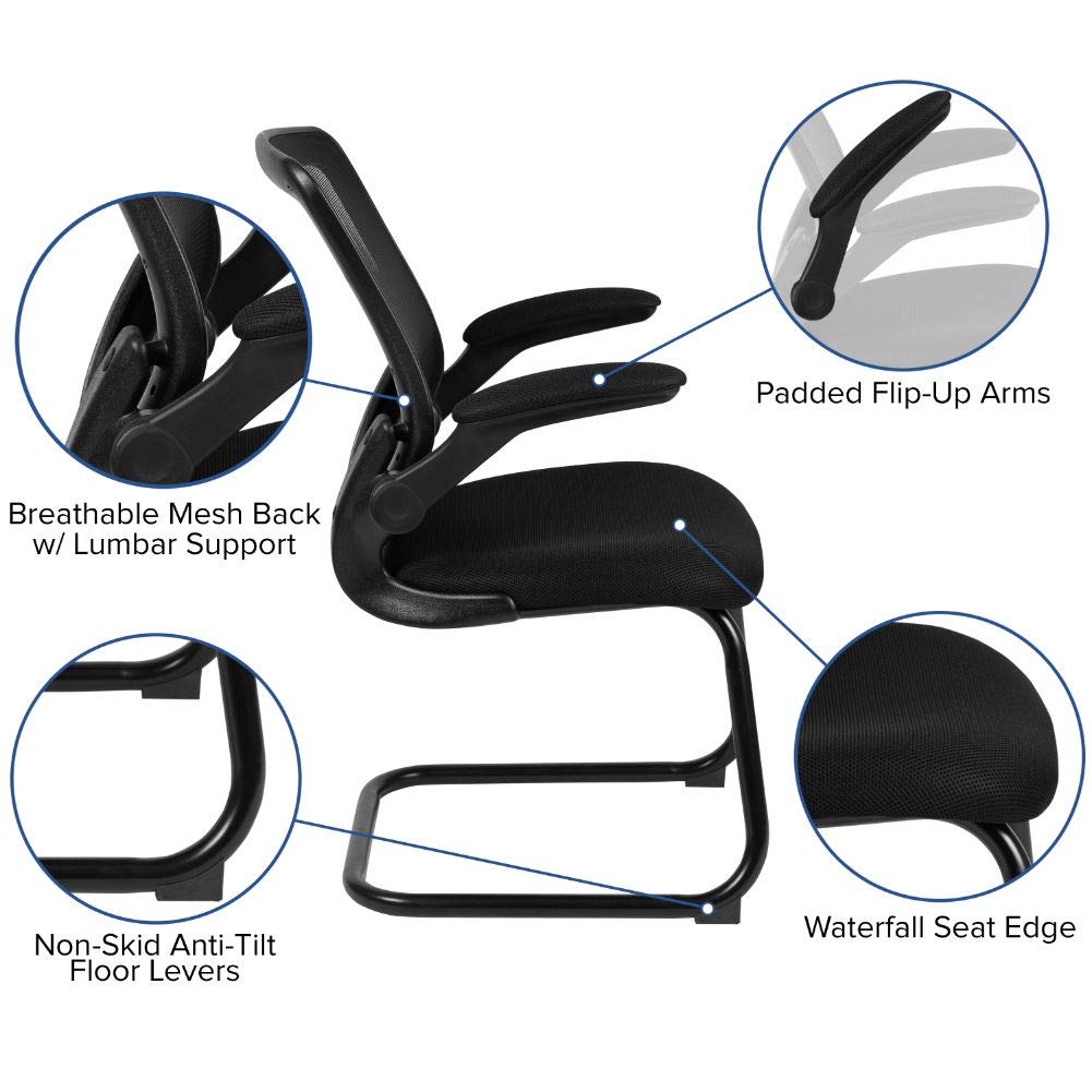 Flash Furniture Kale Black Mesh Sled Base Side Reception Chair with Flip-Up Arms - Ergonomic Office Guest Seating for Lobby, Waiting Room & Reception Area