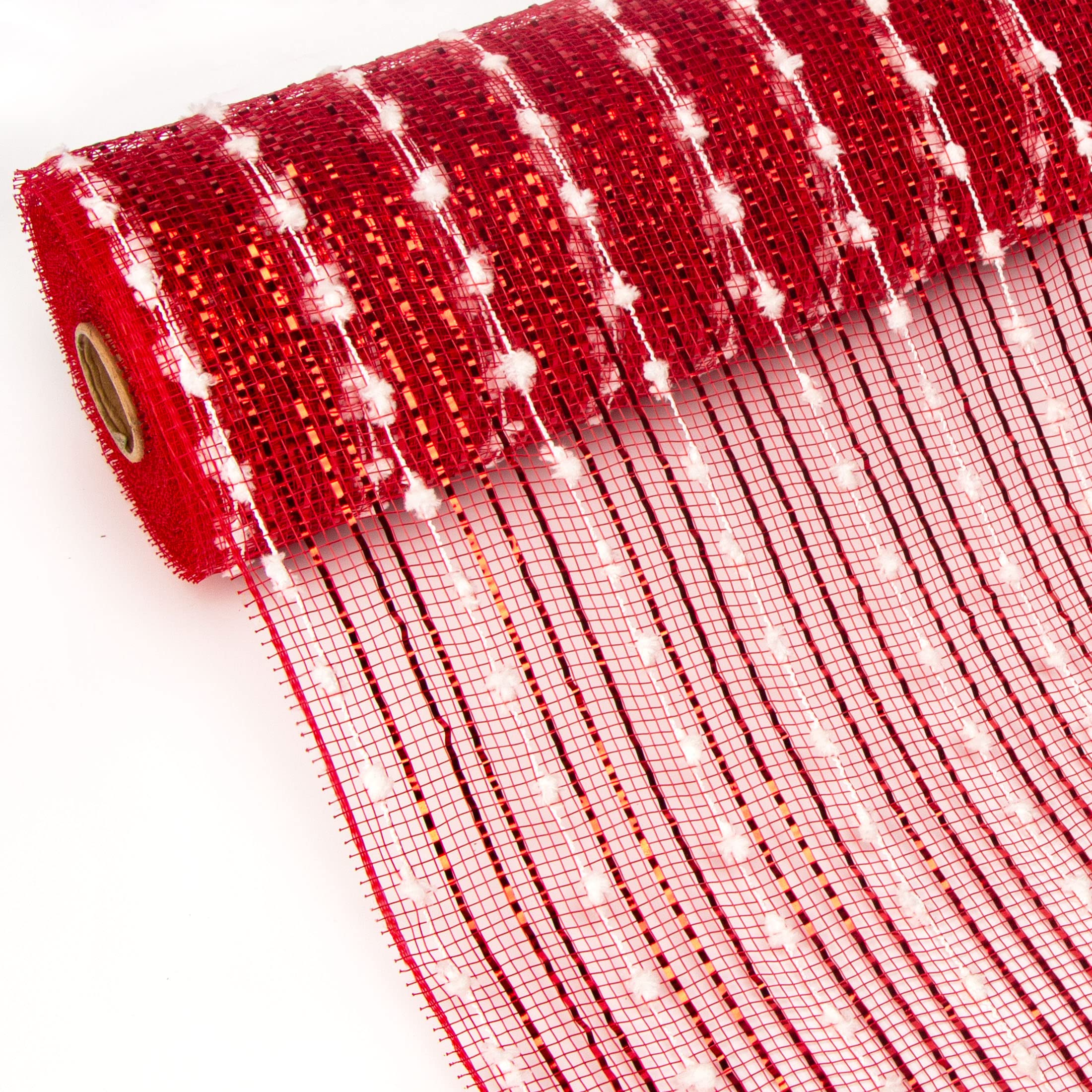 Ribbli 10 Inch x 30 Feet Red Metallic Mesh Christmas Ribbon with Cotton Snowball & Wide Foil - Perfect for Wreaths, Swags, Christmas Tree Decorations & Holiday Gift Wrapping