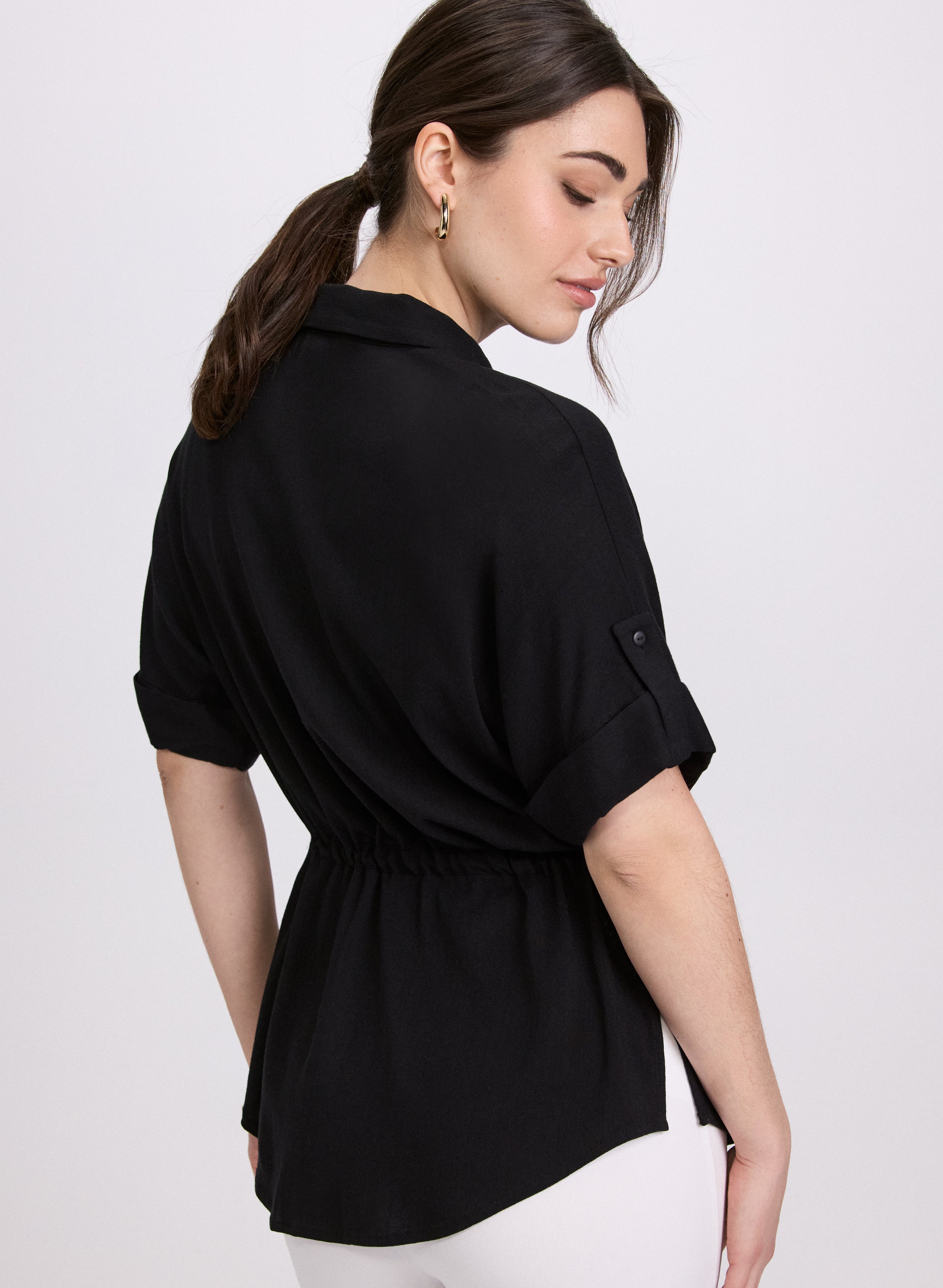 Elegant Drawstring Waist Blouse for Women - Flowy Tunic Top with Adjustable Tie - Perfect for Casual Outings, Office Wear & Summer Dresses