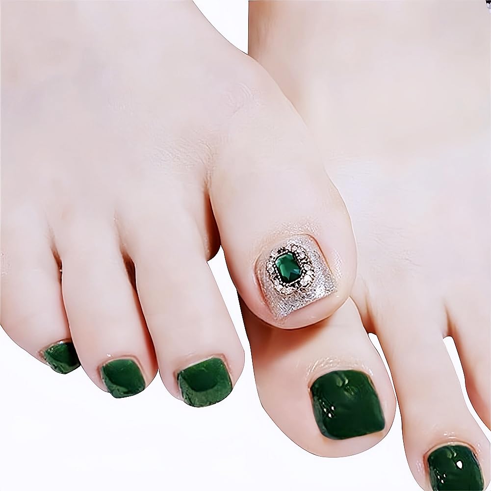 24pcs Short Fake Toenails for Women - Artificial Stick On Toe Nails Full Cover with Rhinestone Decorations (Green) | Perfect for Pedicures, Nail Art & Special Occasions