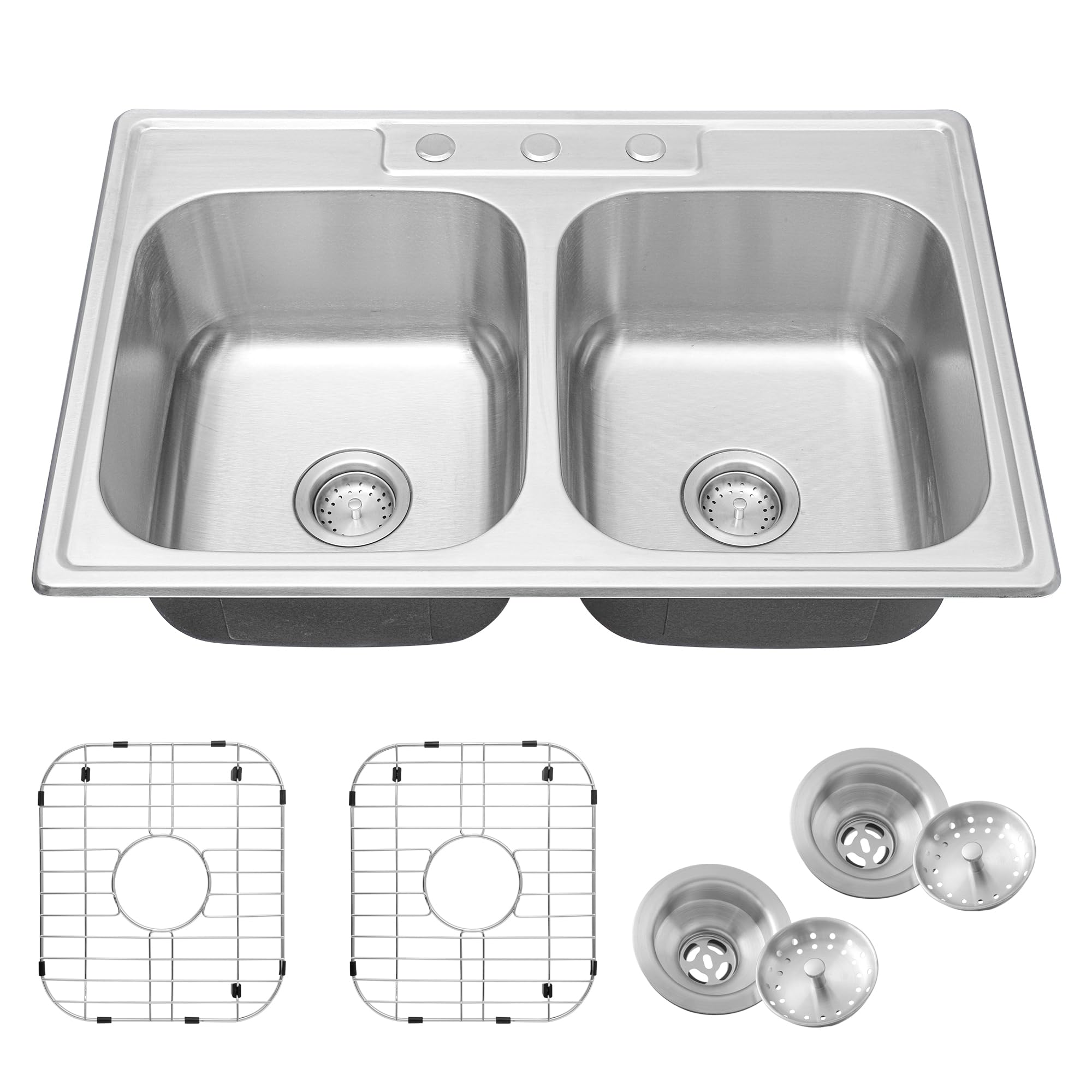 MILOSEN 33 x 22 x 9 Inch 304 Stainless Steel Double Bowl Kitchen Sink - Top Mount 50/50 Deep Basin with Bottom Grid & Strainer, Brushed Finish for Modern Homes | Perfect for Meal Prep, Dishwashing & Small Kitchen Spaces