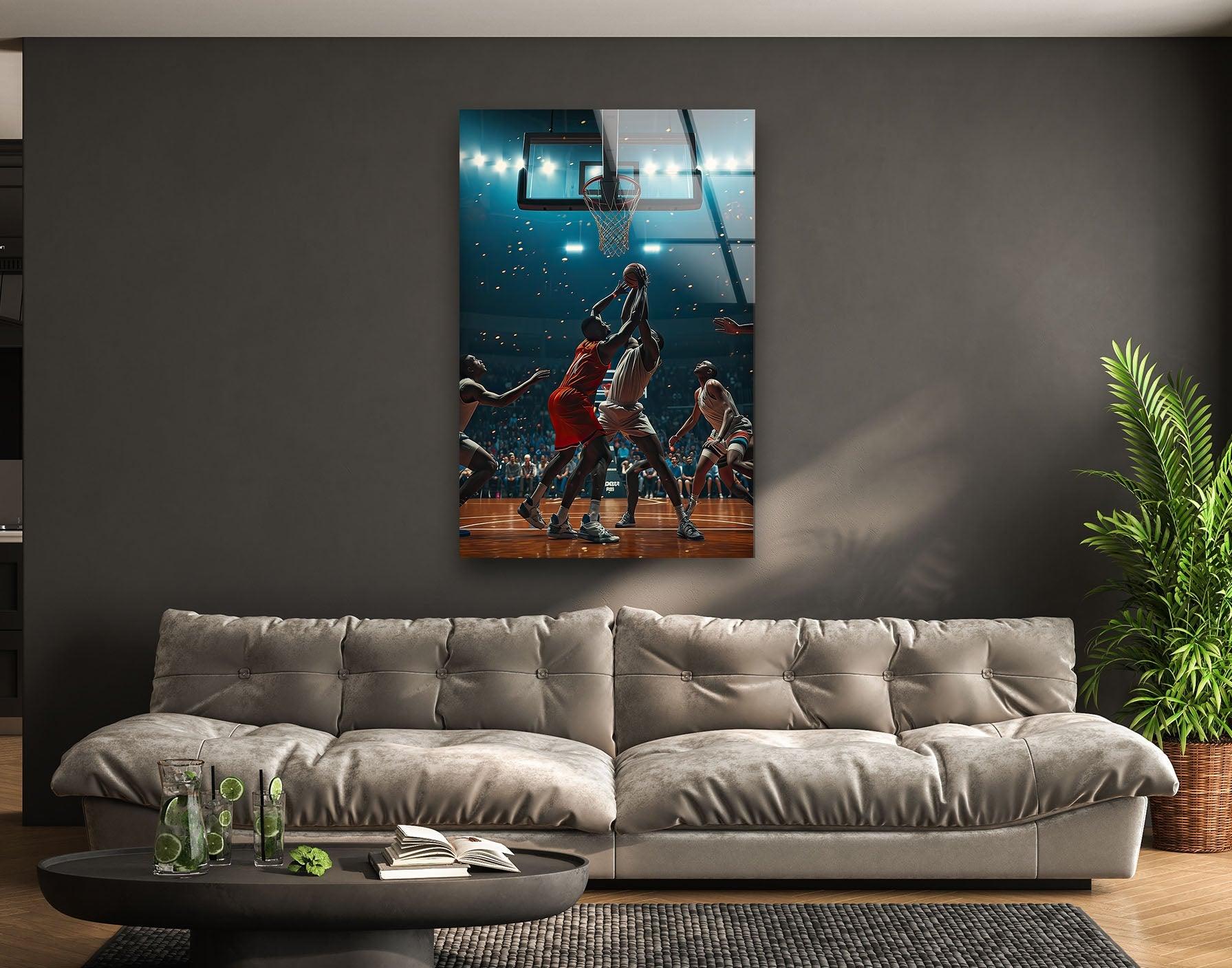 Basketball Players Glass Wall Art - Modern Sports Decor for Home, Office & Gym - Perfect Gift for Basketball Fans & Athletes