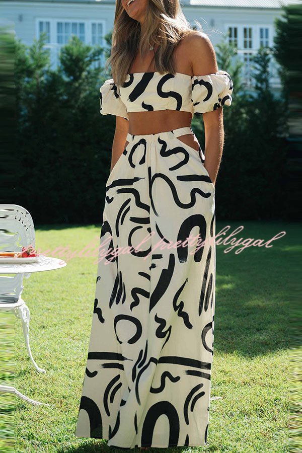Allegra Women's Doodle Print Off-Shoulder Crop Top & Pocketed Cutout Maxi Skirt Set | Summer Boho Outfit for Beach Vacation, Music Festival & Date Night