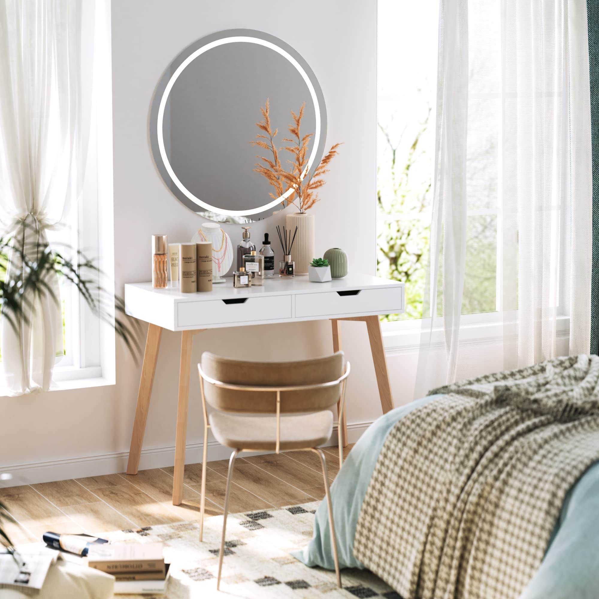 FOTOSOK White Modern Computer Writing Desk with 2 Drawers - Small Wooden Office Desk & Makeup Vanity Table with 4 Sturdy Oak Legs - Perfect for Home Office, Study Room & Bedroom Workspace