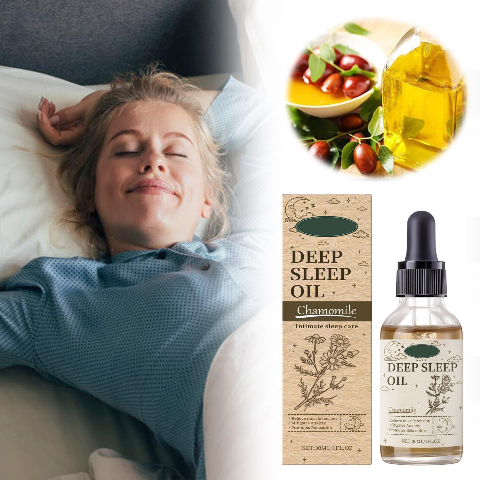 Organic Chamomile Sleep Oil for Relaxation & Deep Sleep - Hydrating & Moisturizing Body Oil with Aromatherapy Benefits - Perfect for Nighttime Skin Care & Stress Relief Before Bed