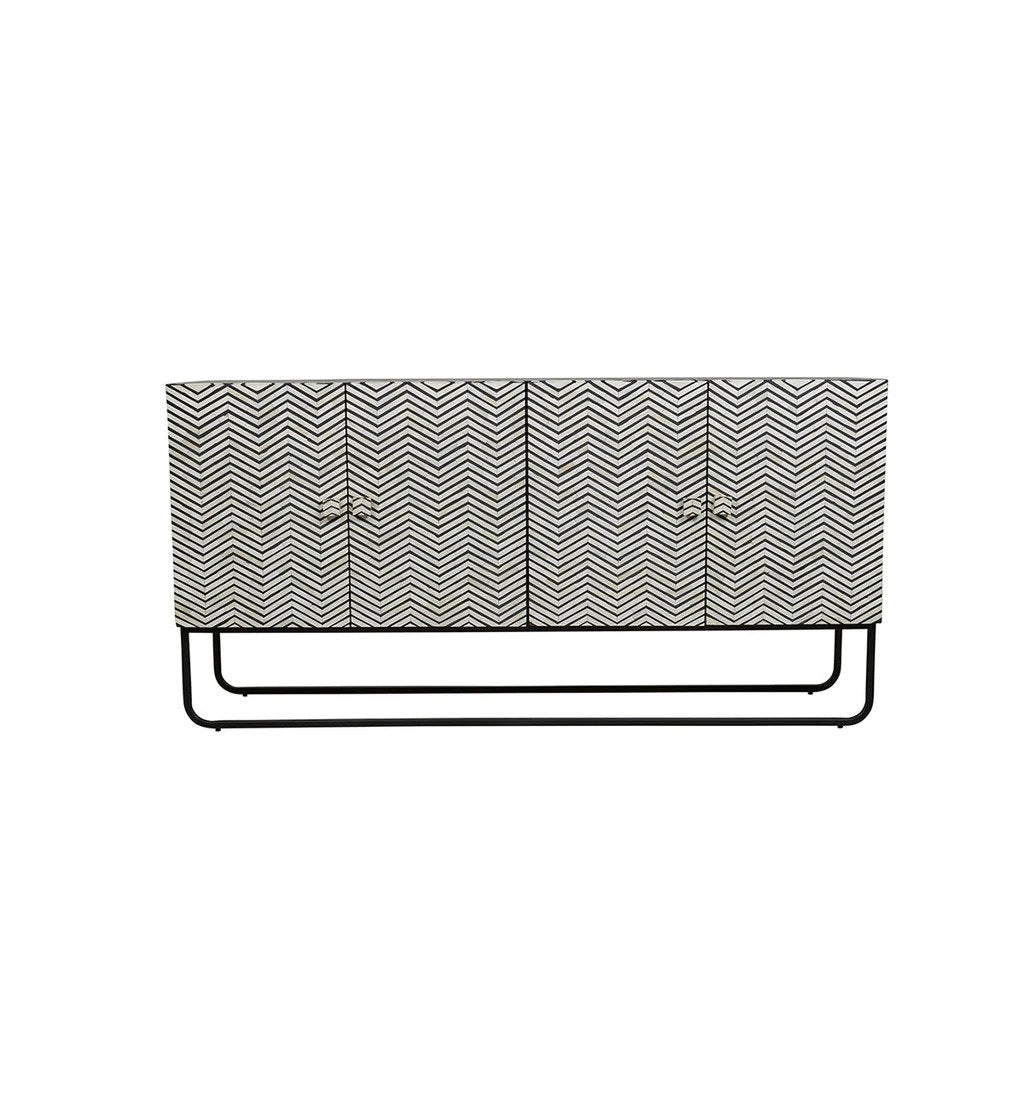 Handmade Bone Inlay Sideboard with Iron Legs - Handcrafted Thin Zig Zag Pattern Credenza Cabinet for Living Room, Dining Room & Bedroom Storage