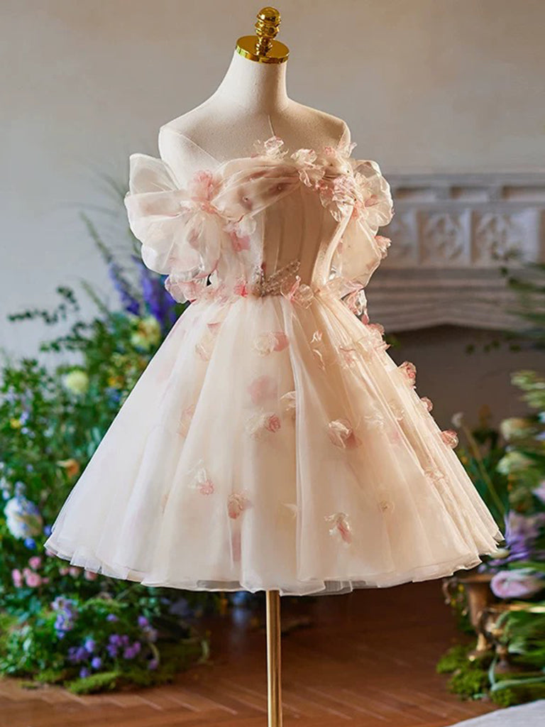 Elegant A-Line Off Shoulder Tulle Short Champagne Prom Dress | Cute Homecoming Party Gown for Teens | Perfect for Dances, Formals & Special Occasions