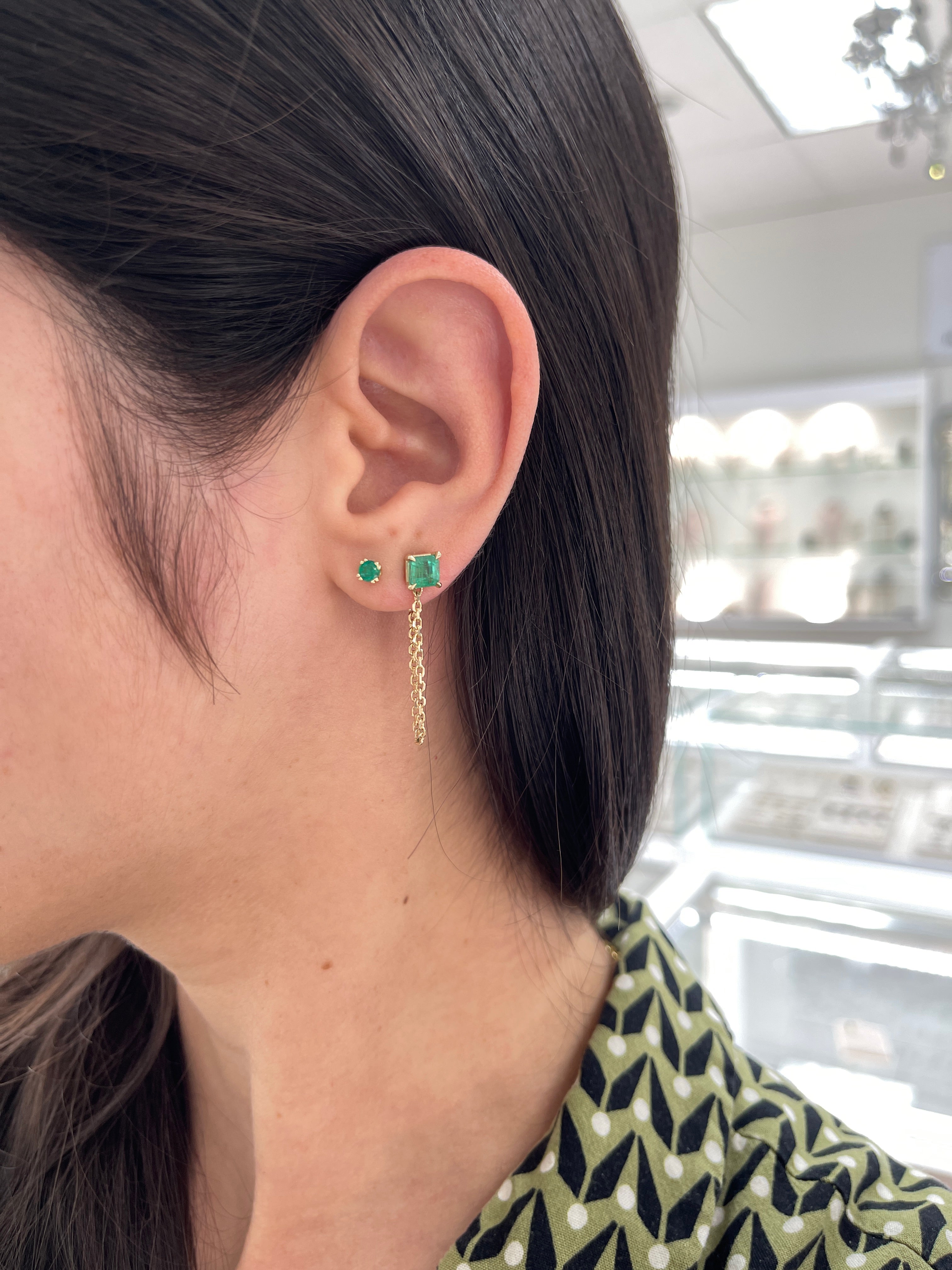 14K Gold Asscher Cut Emerald Stud Earrings for Women - Elegant Single Stone Earrings for Everyday Wear, Parties & Special Occasions
