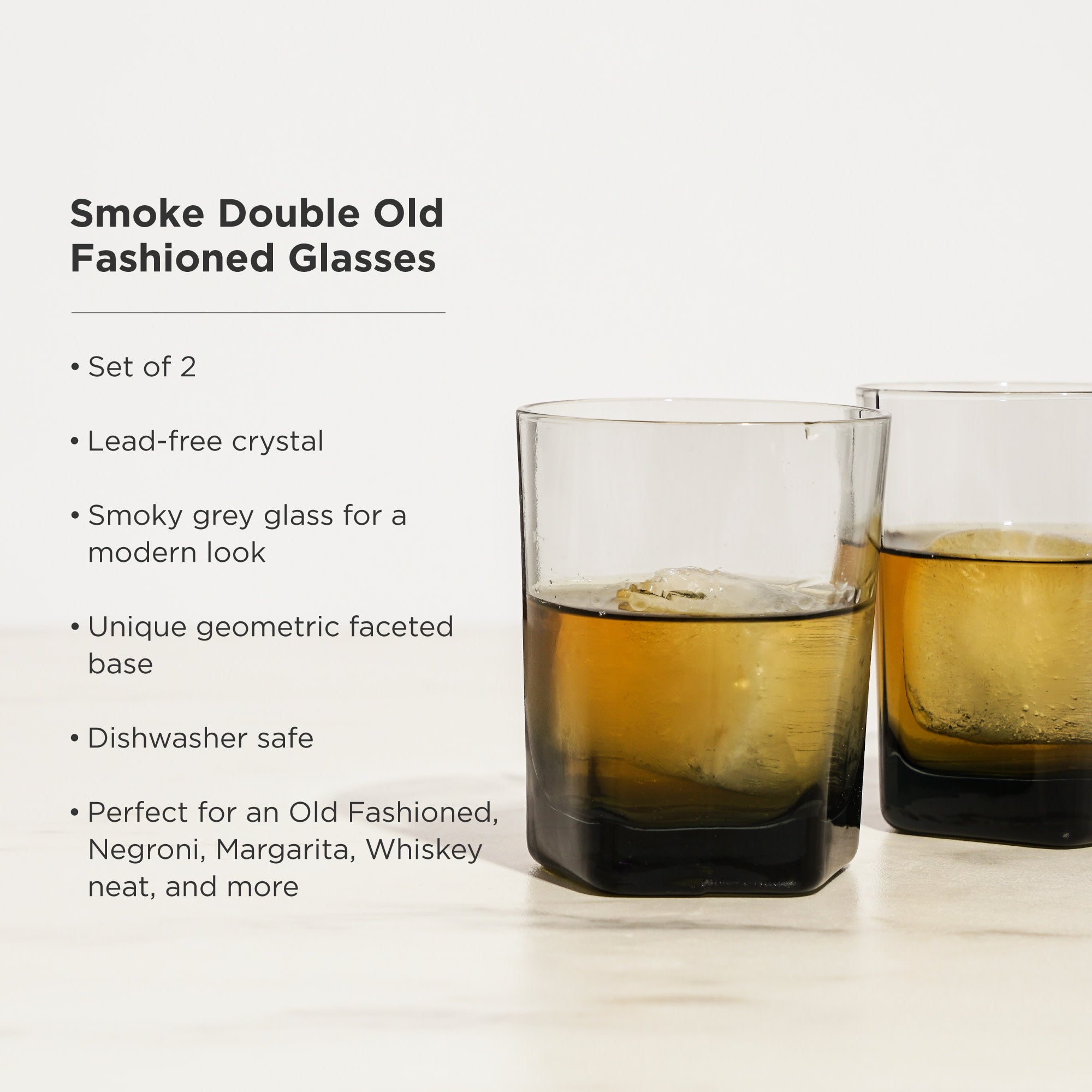 Premium Hexagonal Crystal Double Old Fashioned Glasses - Smoke Colored Whiskey Glasses for Cocktails, Bourbon & Scotch - Elegant Barware for Home Bars, Parties & Gifts