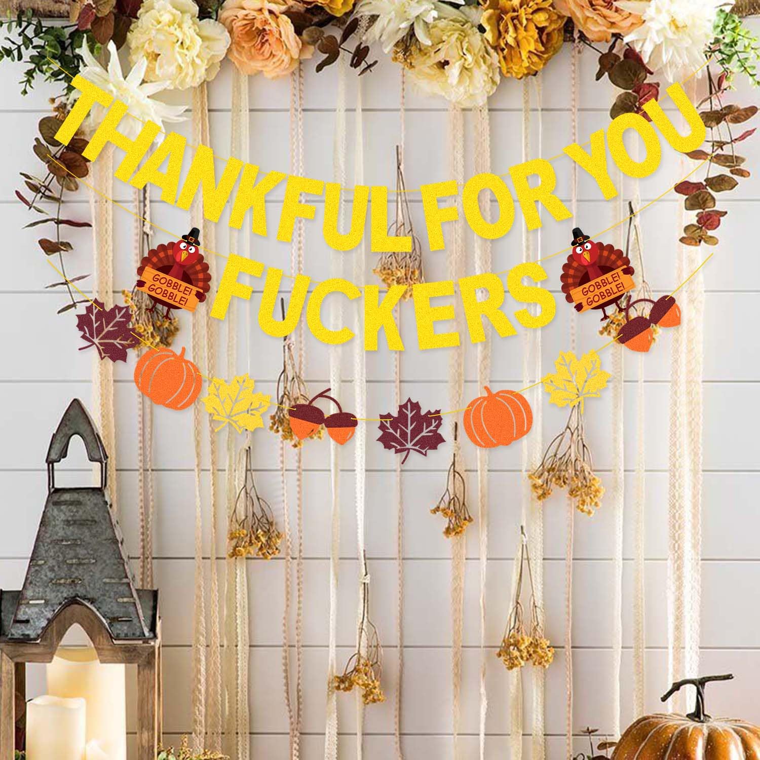 Gold Glitter Thanksgiving Banner - Pre-assembled Thankful for You Sign for Friendsgiving & Home Decor | Perfect for Mantel, Party Wall Decorations & Indoor Thanksgiving Celebrations