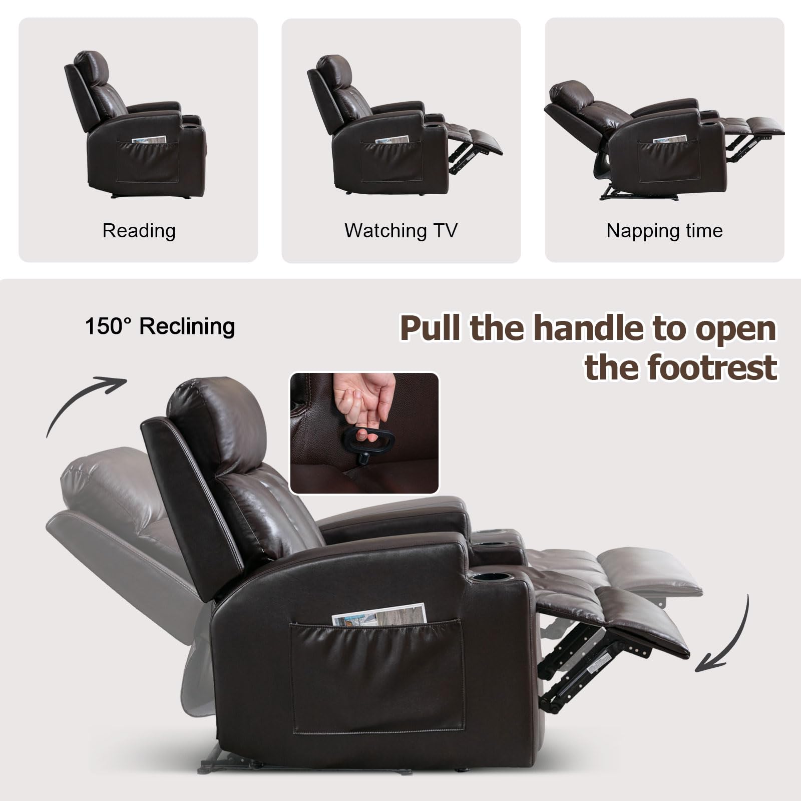 Phoenix Home Manual Recliner Chair with Massage & Heat - Ergonomic Overstuffed Fabric Recliner with Side Pockets, Cup Holders & Remote Control - Perfect for Living Room & Bedroom Relaxation (Brown)