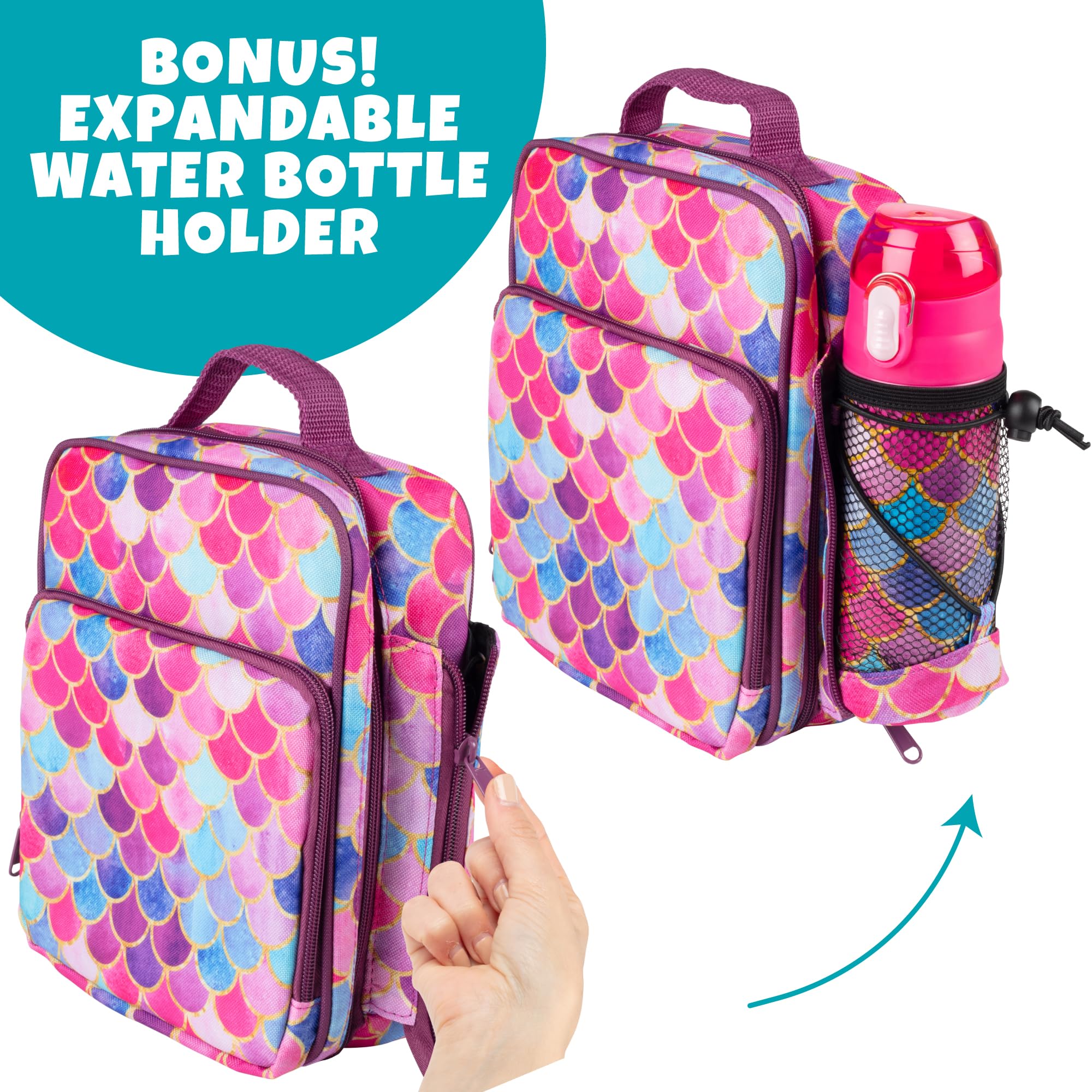 Bentology Kids Lunch Bag Set with Matching Reusable Water Bottle & Hard Ice Pack - Pink Purple Mermaid Design - Insulated Tote, Stainless Steel Thermos - Back to School Lunchbox Kit for Boys & Girls - Perfect for School, Picnics, and Outdoor Activities