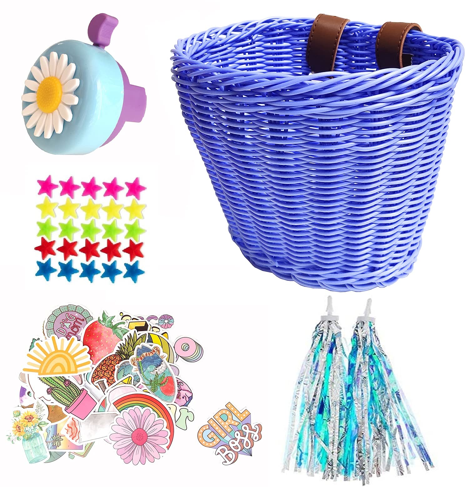 **Suerico Girls Bike Decorations Accessories Kit – Hand Woven Kids Bicycle Basket, Wheel Spoke Beads, Tassel Ribbon, Horn Bell & Stickers – Perfect for Birthday Gifts & Outdoor Cycling Fun**
