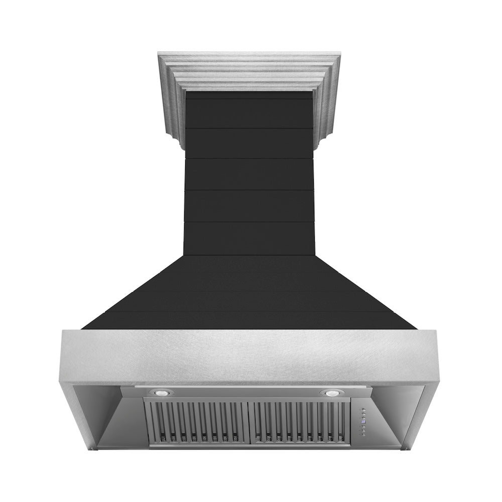 ZLINE 30 Inch Rustic Shiplap Black Wooden Wall Mount Range Hood with Stainless Steel Accents - 365CC 30 - Perfect for Farmhouse & Modern Kitchen Ventilation
