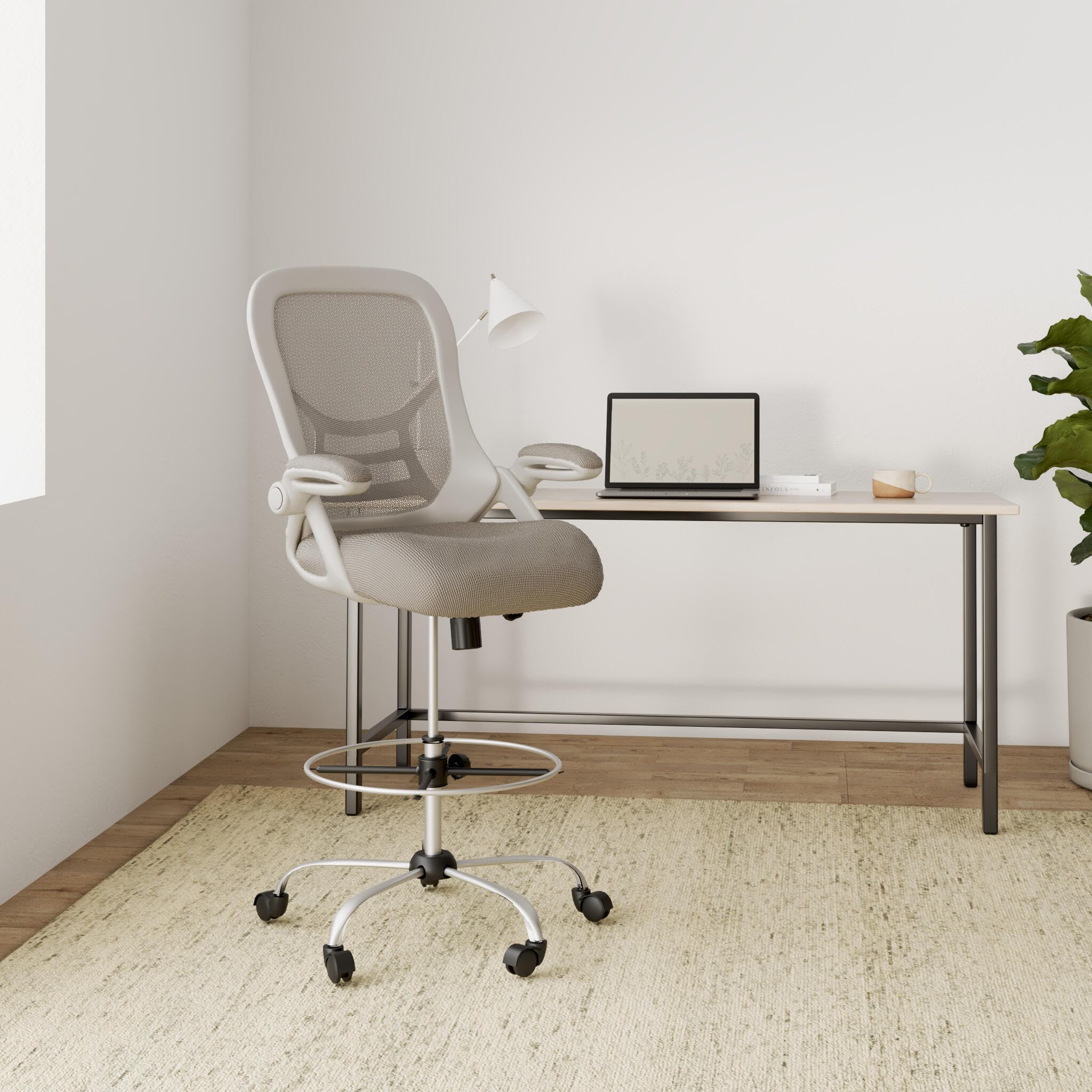 HYLONE Adjustable Drafting Chair - Ergonomic Tall Office Chair with Flip-Up Arms, Mesh High Back & Foot Ring for Standing Desks - White & Grey - Perfect for Architects, Artists & Home Office Workspaces