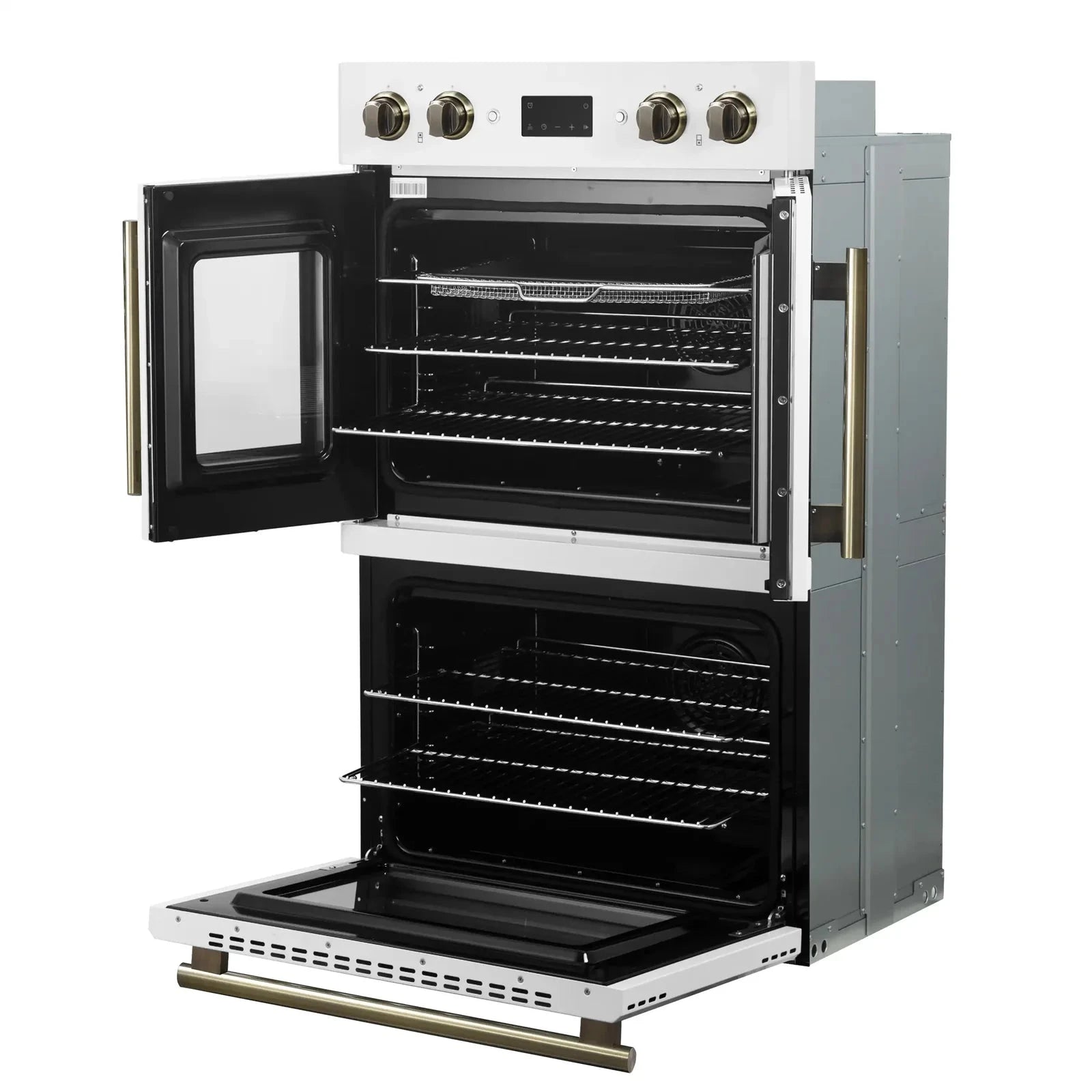 Forno Asti 30 Inch Double Electric Wall Oven with French Doors - White Finish & Antique Brass Trim (Model FBOEL1340 30WHT) | Perfect for Modern Kitchens, Baking, and Entertaining