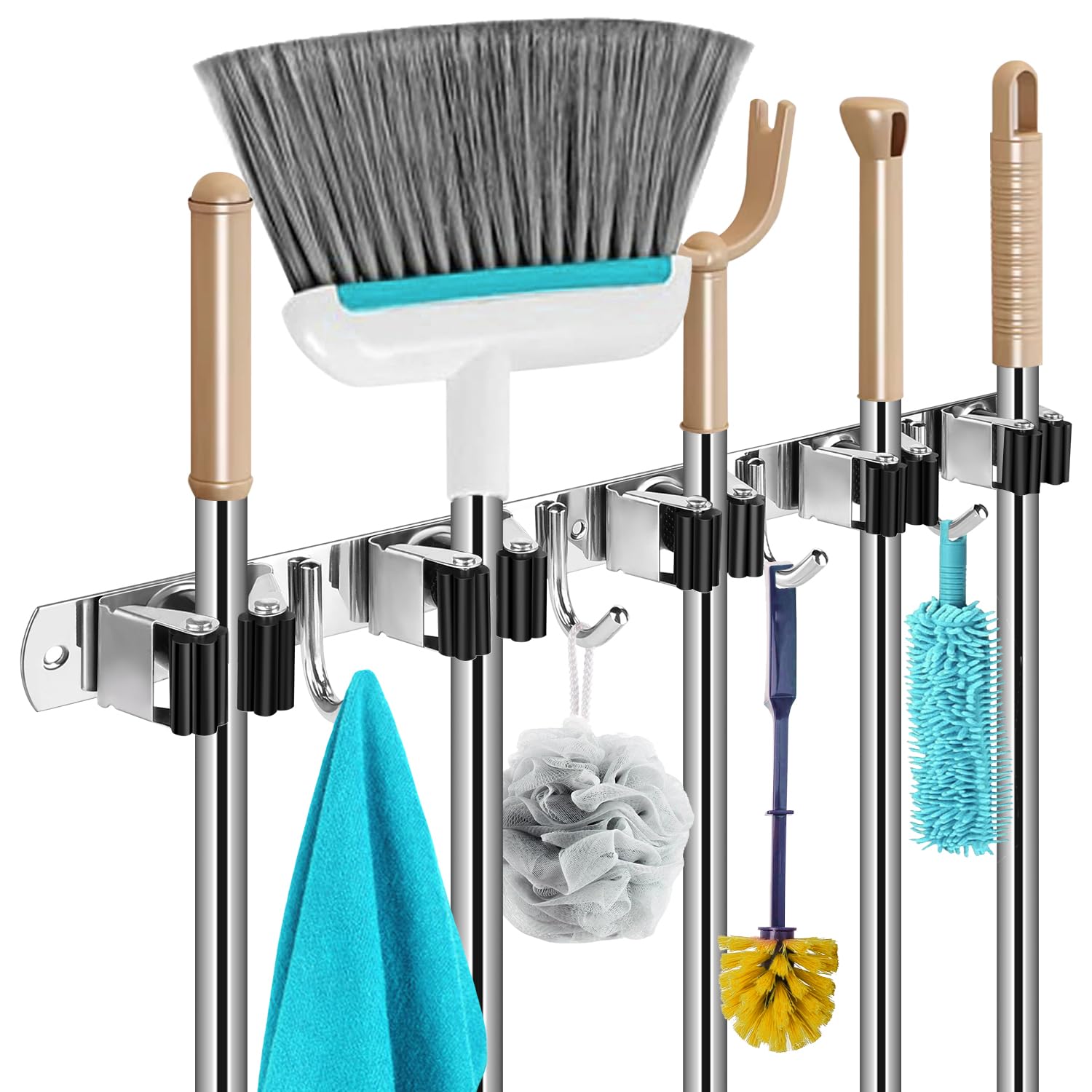 Heavy Duty Stainless Steel Wall Mount Broom Holder with 5 Grippers & 4 Hooks - Holds Up to 44 lbs - Space Saving Garage Storage Solution for Mops, Brooms, Cleaning Tools - Perfect for Home, Kitchen, Laundry Room Organization