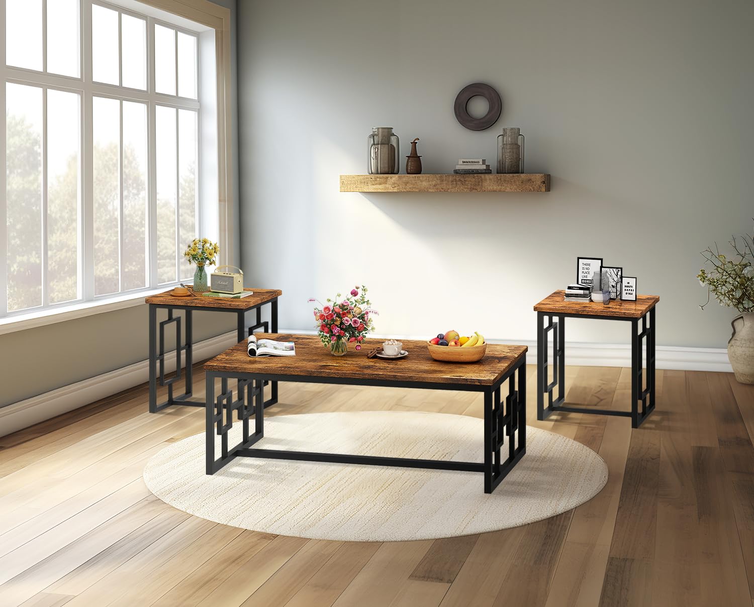 Modern 3-Piece Coffee Table Set with Side Tables - Rustic Brown Living Room Furniture for Small Spaces, Office & Apartments - Easy Assembly Home Decor for Cozy Gatherings & Entertainment Areas