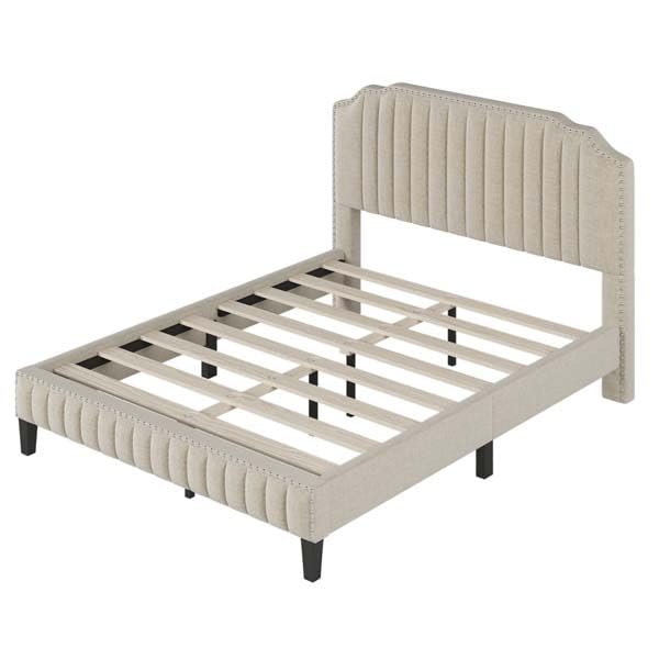 Velvet Upholstered Queen Size Platform Bed with Nailhead Trim Headboard - Modern Elegant Bed Frame with Wood Slat Support, No Box Spring Needed (Beige) | Perfect for Master Bedroom, Guest Room & Luxury Apartment Decor