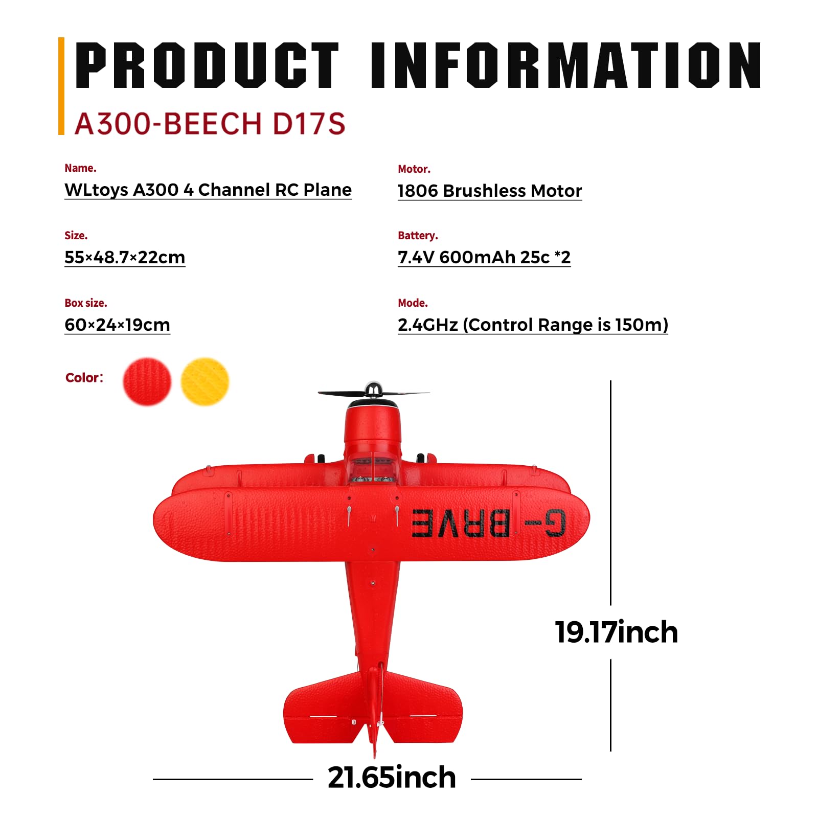 WLtoys A300 4-Channel RC Plane - Beechcraft D-17 Model with LED Lights, 6G/3D Brushless Motor, 2.4GHz Remote Control & 2 Batteries - Perfect RC Airplane Gift for Adults (Outdoor Flying, Hobbyist Collections, Birthday Presents)