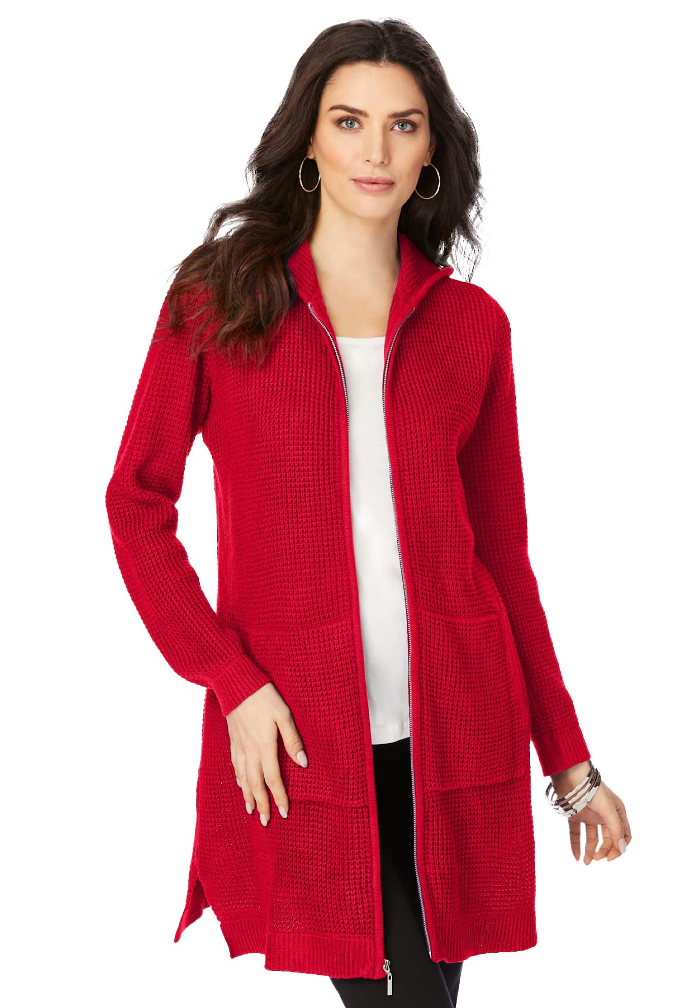 Roaman's Women's Plus Size Extra Long Waffle Zip Hoodie Sweater - Cozy Oversized Pullover for Casual Wear, Lounge & Cold Weather
