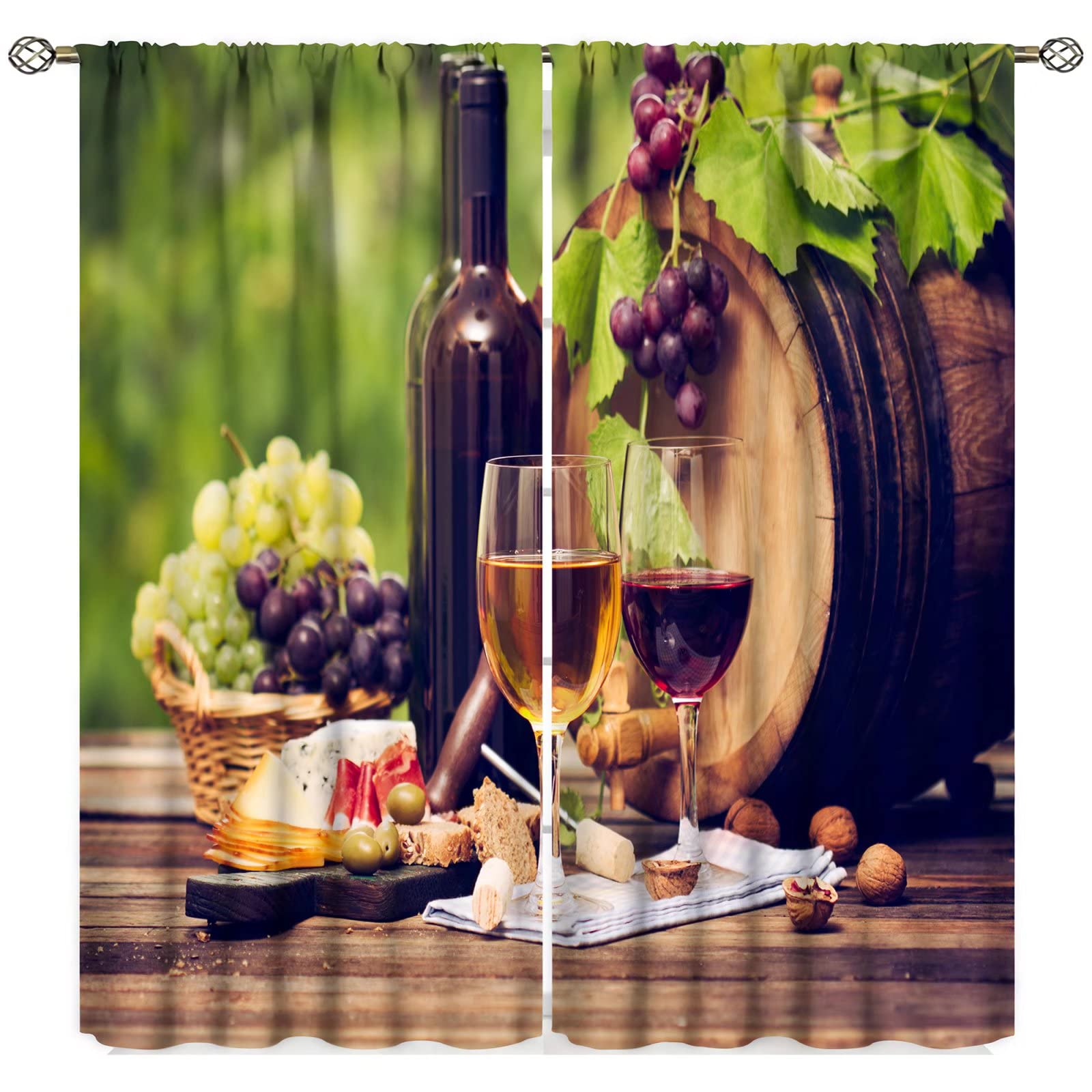 Red Wine Themed Kitchen Curtains - Cabernet Bottle & Glass with Cheese Grapes Wood Plank Print Window Drapes, 2-Panel Set for Kitchen & Cafe Decor (42x45 Inches) - Perfect for Wine Bars, Italian Restaurants & Cozy Home Dining Rooms