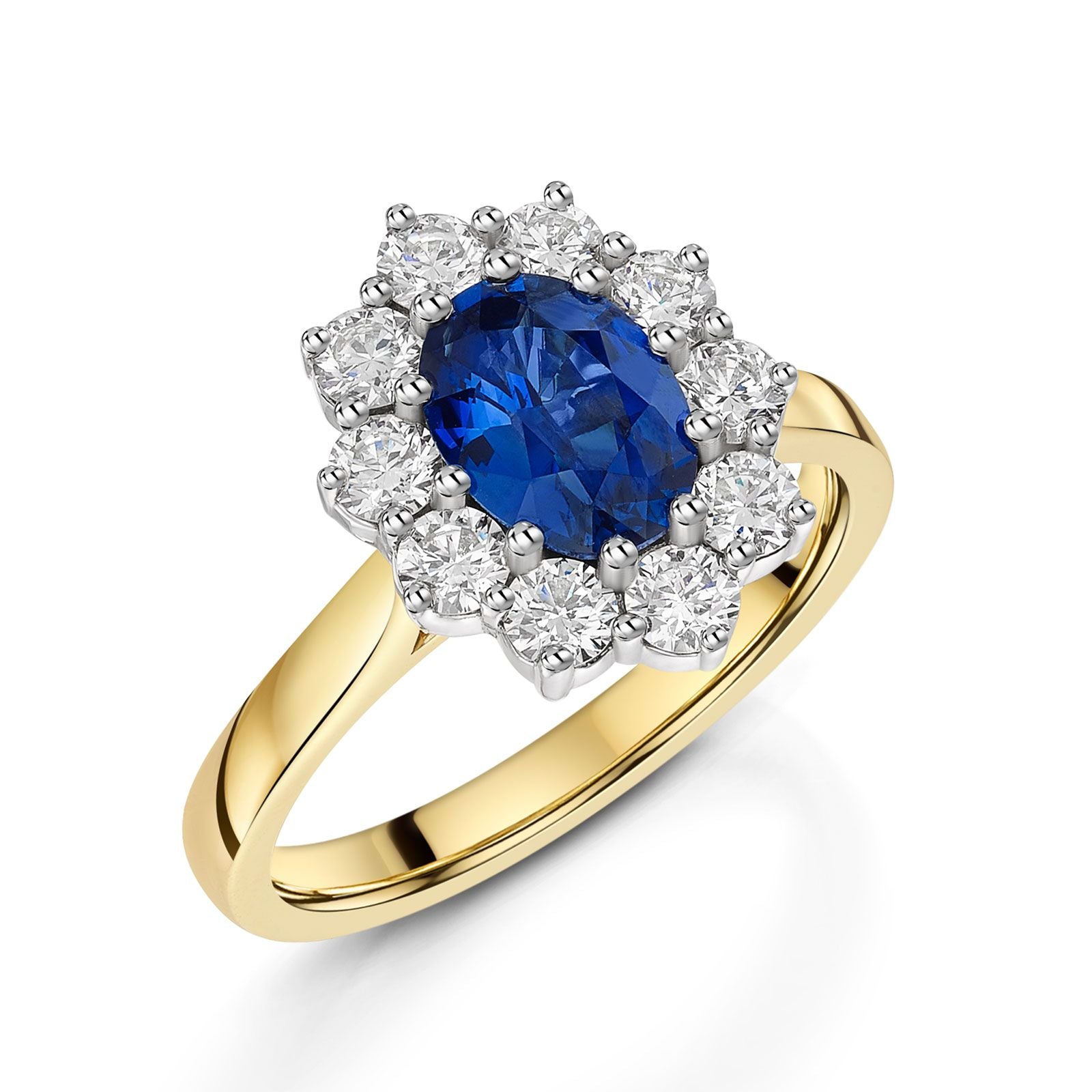 18K Yellow & White Gold Oval Cut Sapphire & Diamond Cluster Ring 2.25ct - Elegant Engagement, Anniversary Gift for Women