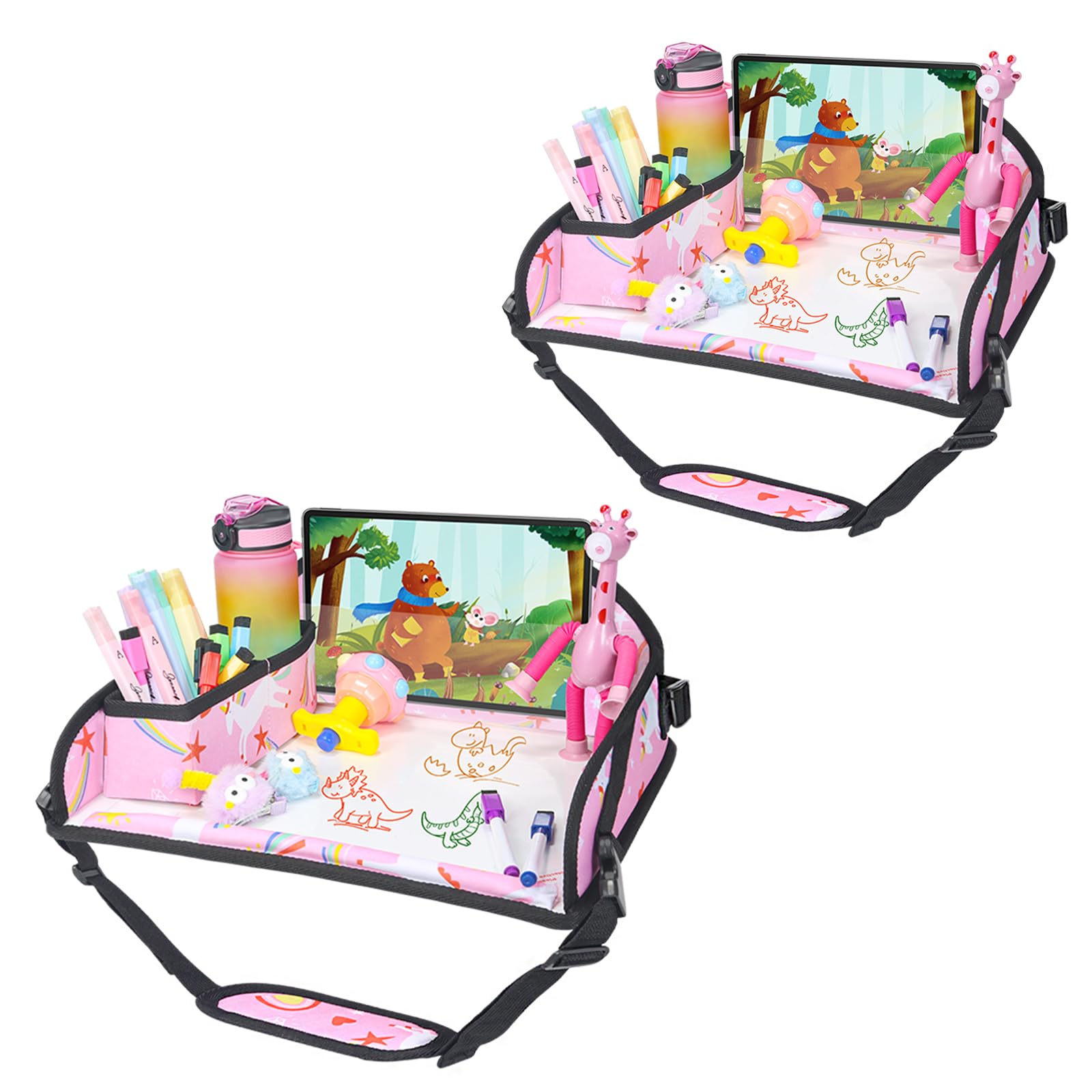 Upgraded Kids Travel Tray for Car Seat & Airplane - 2 Pack Toddler Lap Desk with Unicorn Design, Portable Table Tray for Road Trips & Flights | Perfect for Eating, Drawing & Playing During Travel (Pink Unicorn)