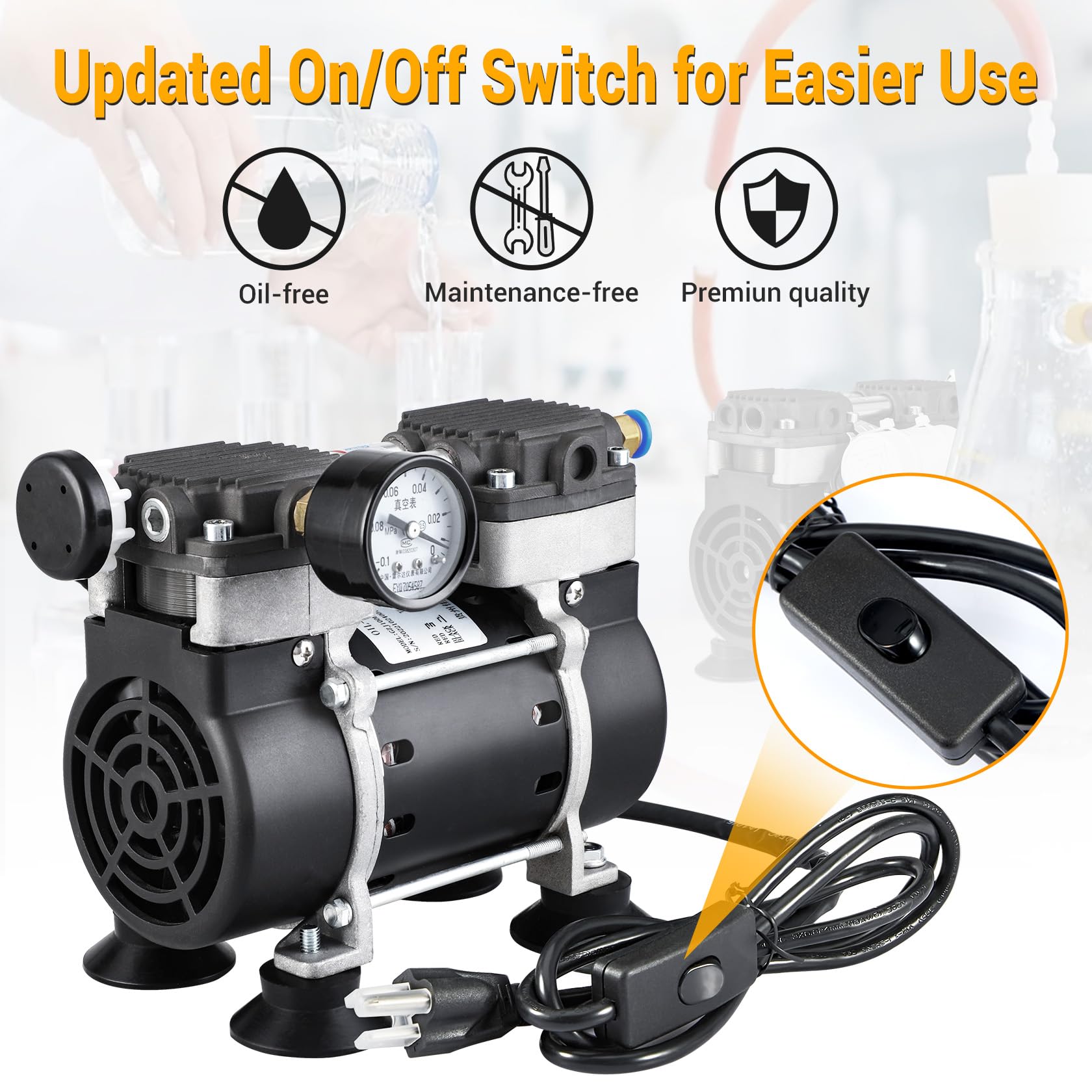 50L/Min Oilless Vacuum Pump with Switch, Vacuum Meter & Silencer - 6m PTFE Tape Included | Ideal for Lab Equipment, Electronics, Aquarium Maintenance & HVAC Applications