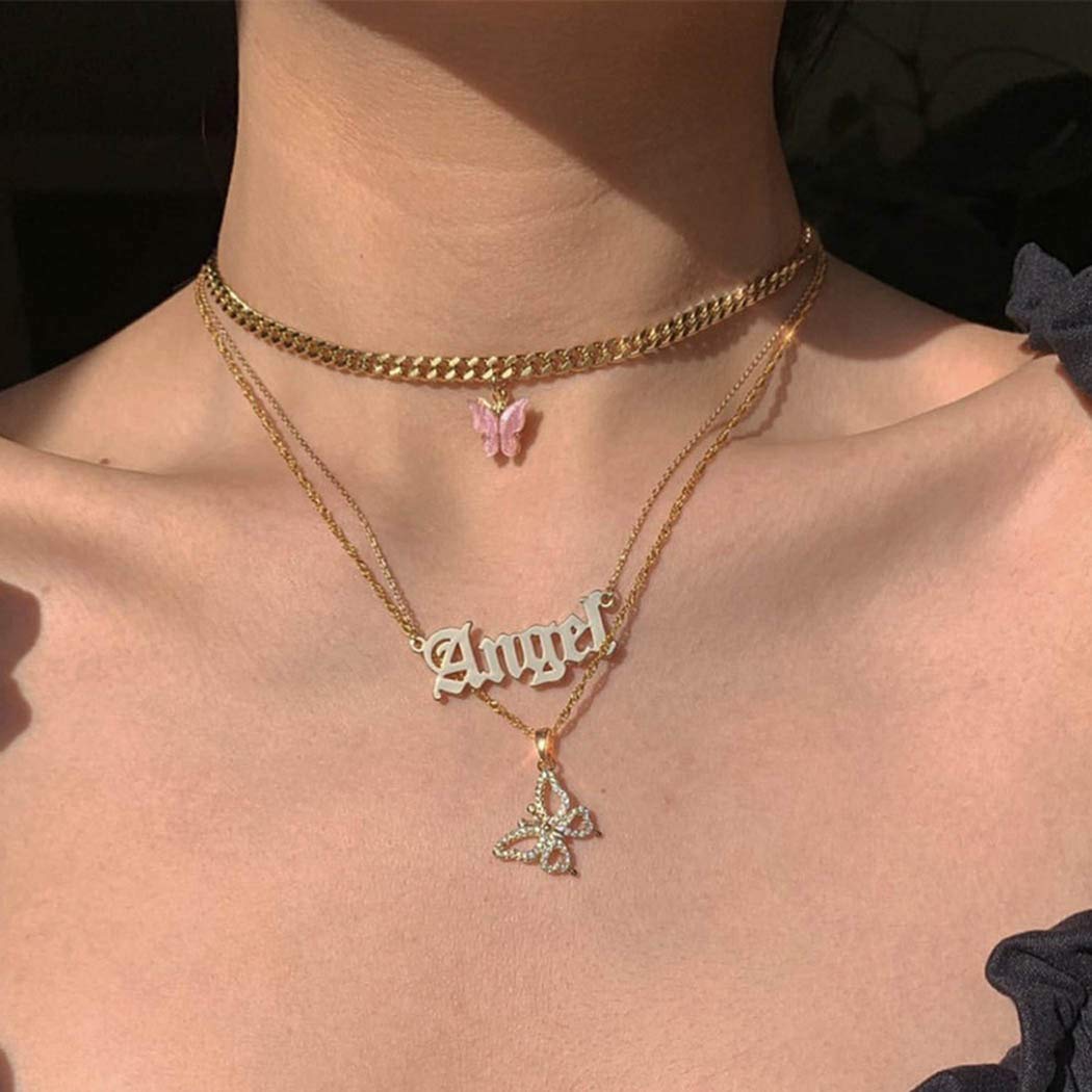 Punk Layered Butterfly Pendant Necklace - Gold Initial Choker with Letter Chain - Gothic Jewelry for Women & Men (Angel) - Perfect for Concerts, Parties & Alternative Fashion
