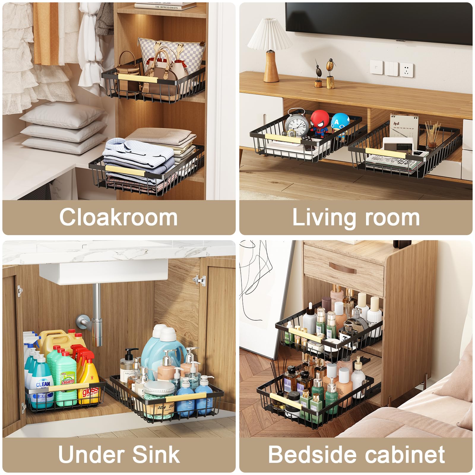 AUFWORLD 2 Pack Heavy Duty Pull Out Cabinet Organizer with Adhesive Nano Film - Slide Out Drawers for Kitchen Cabinets, Pantry & Bathroom Storage - Perfect for Spice Racks, Under Sink Organization & Closet Shelving (Black)