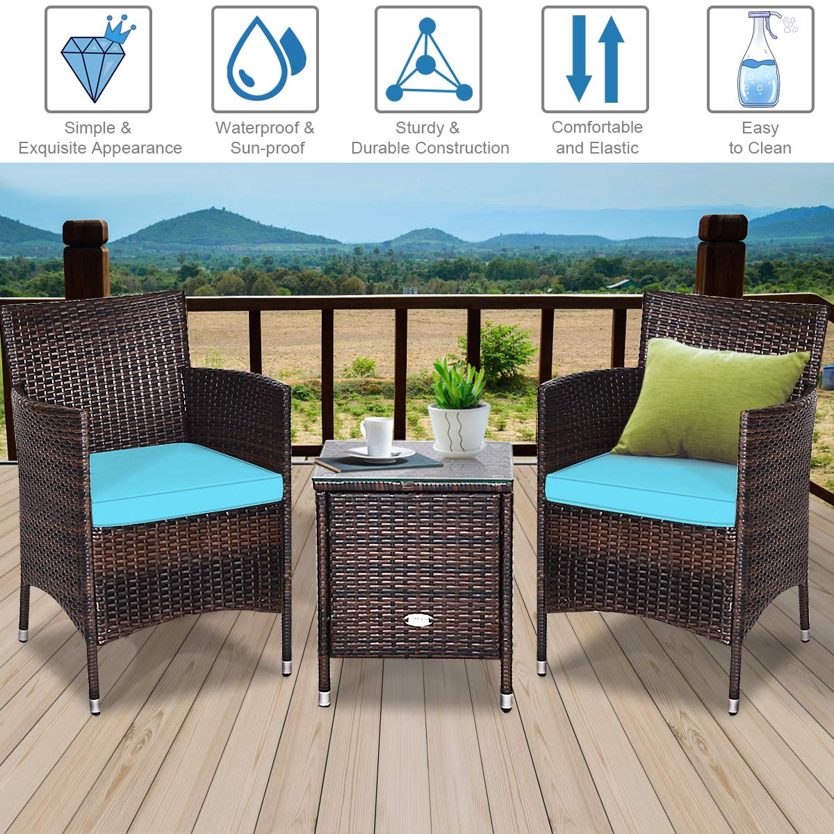 Renatone 3-Piece Patio Conversation Set - Outdoor Wicker Rattan Furniture with Thick Cushions, Coffee Table & Chairs for Patio, Garden, Lawn, Poolside | Perfect for Backyard Relaxation, Outdoor Dining & Entertaining