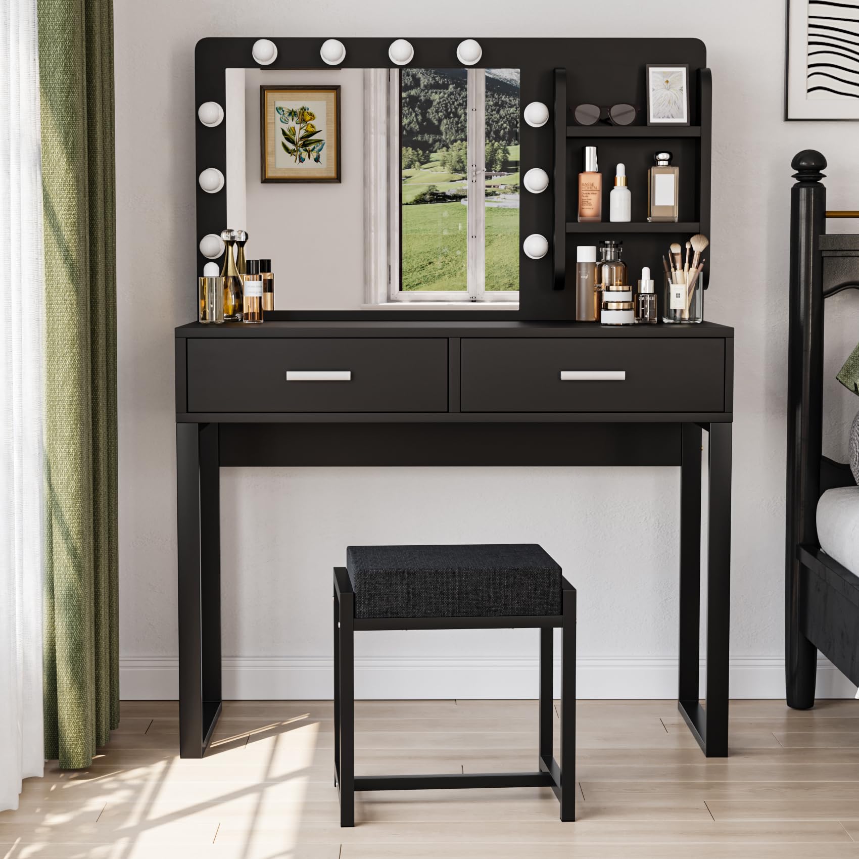 Semiocthome Makeup Vanity Desk with Mirror and LED Lights, Vanity Table with Shelves, 2 Drawers & Sturdy Metal Frame, 3 Lighting Modes & Adjustable Brightness - Dressing Table with Chair for Bedroom, Bathroom & Dorm Room (Black)