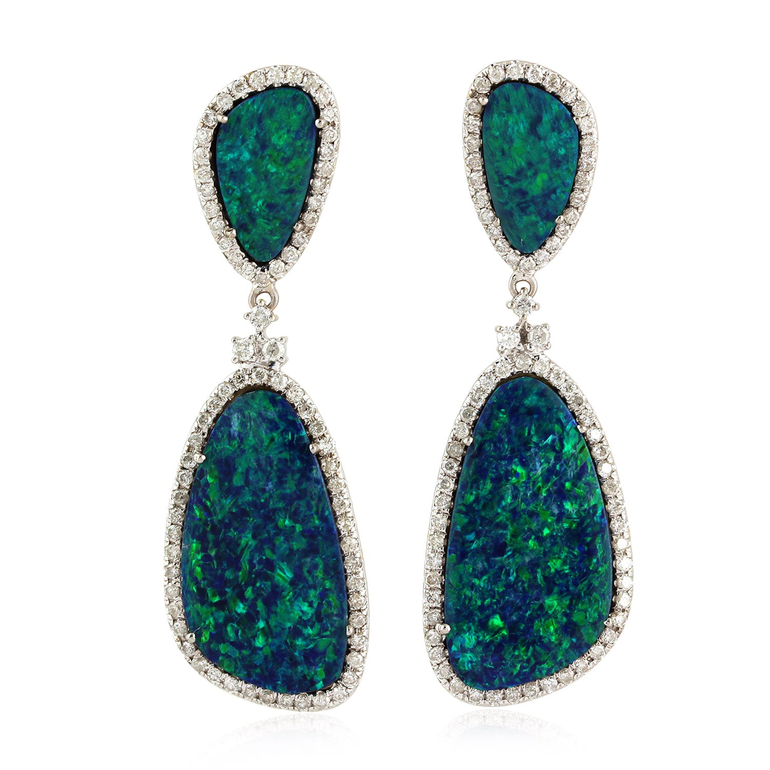18K White Gold Opal Doublet Pave Diamond Dangle Earrings for Women - Elegant Designer Jewelry for Parties, Weddings & Special Occasions