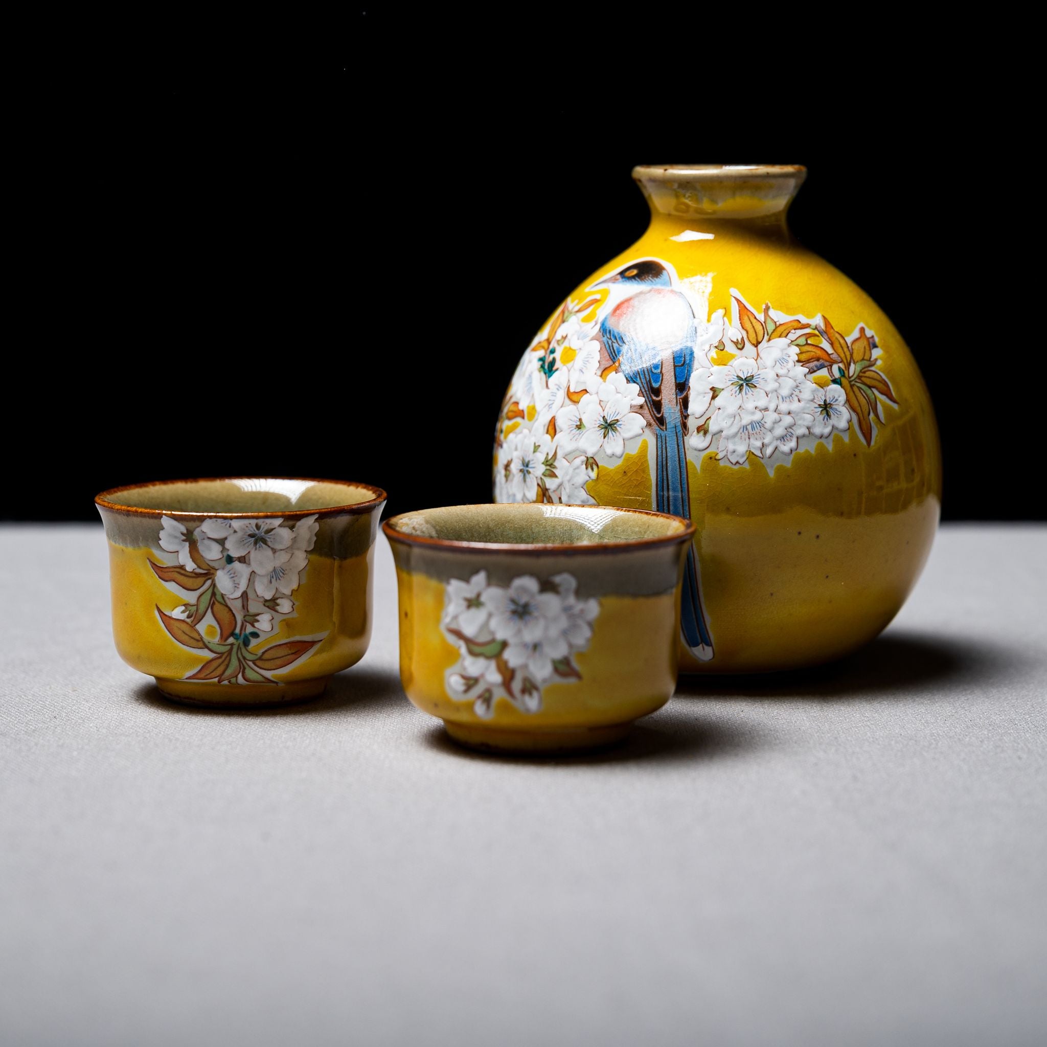 Kutani Ware Sake Set - Kacho Fugetsu Japanese Ceramic Sake Cups & Decanter - Traditional Hand-Painted Floral & Bird Design - Perfect for Japanese Tea Ceremonies, Gift Giving & Home Decor