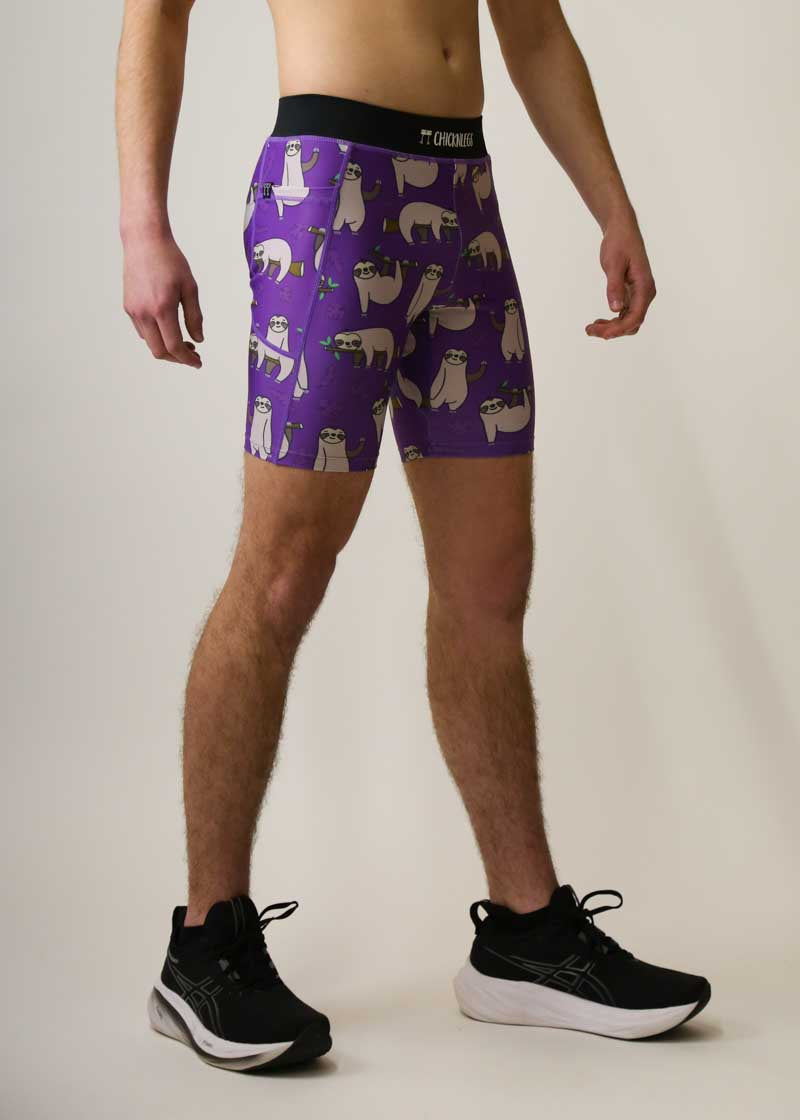 **Men's Sloth Print 8-Inch Half Tights - Running, Gym & Yoga Workout Shorts for Activewear**