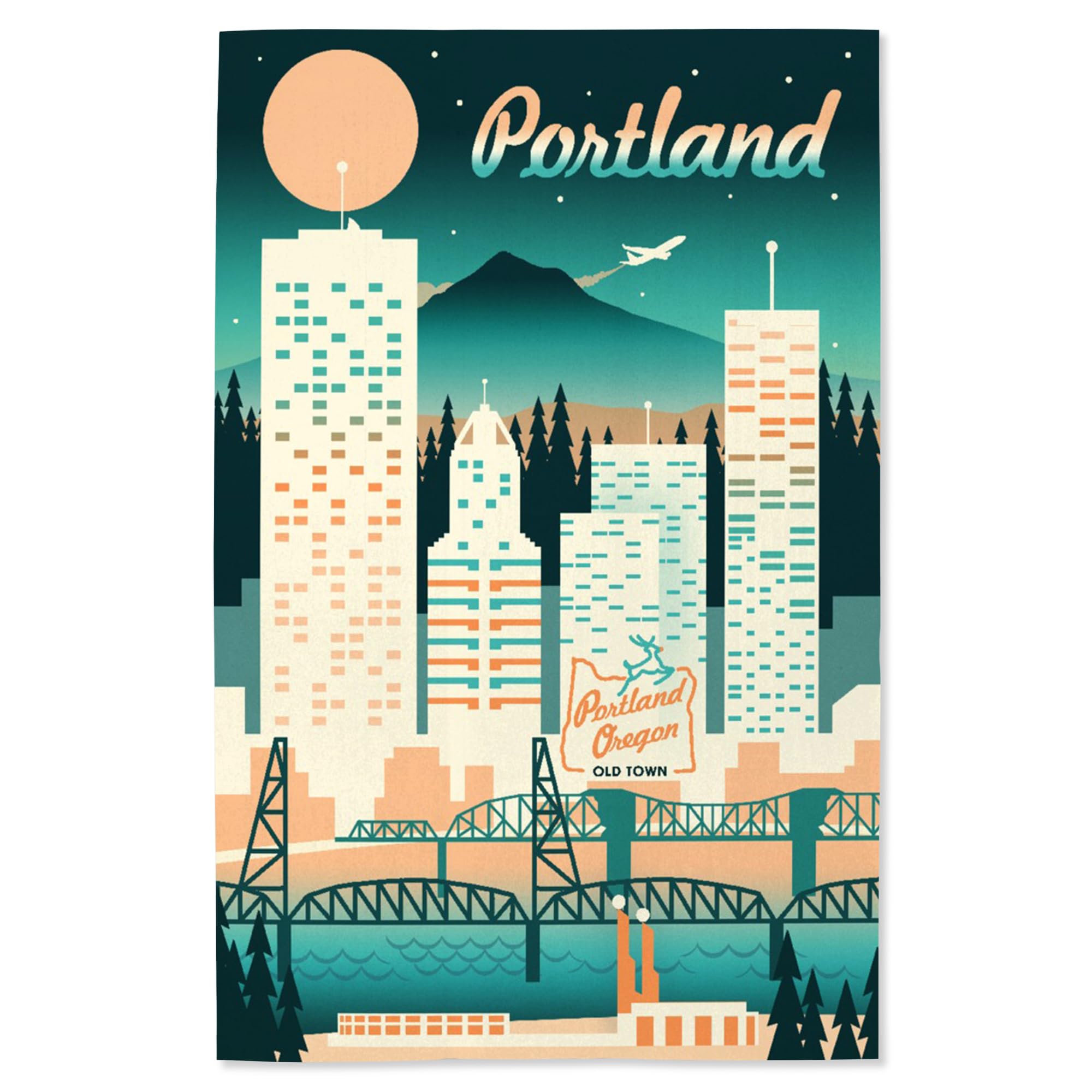 Lantern Press 16x24 Inch Giclee Art Print - Portland Retro Skyline Chromatic Series in Turquoise | Vintage Cityscape Wall Decor for Living Room, Office & Bedroom