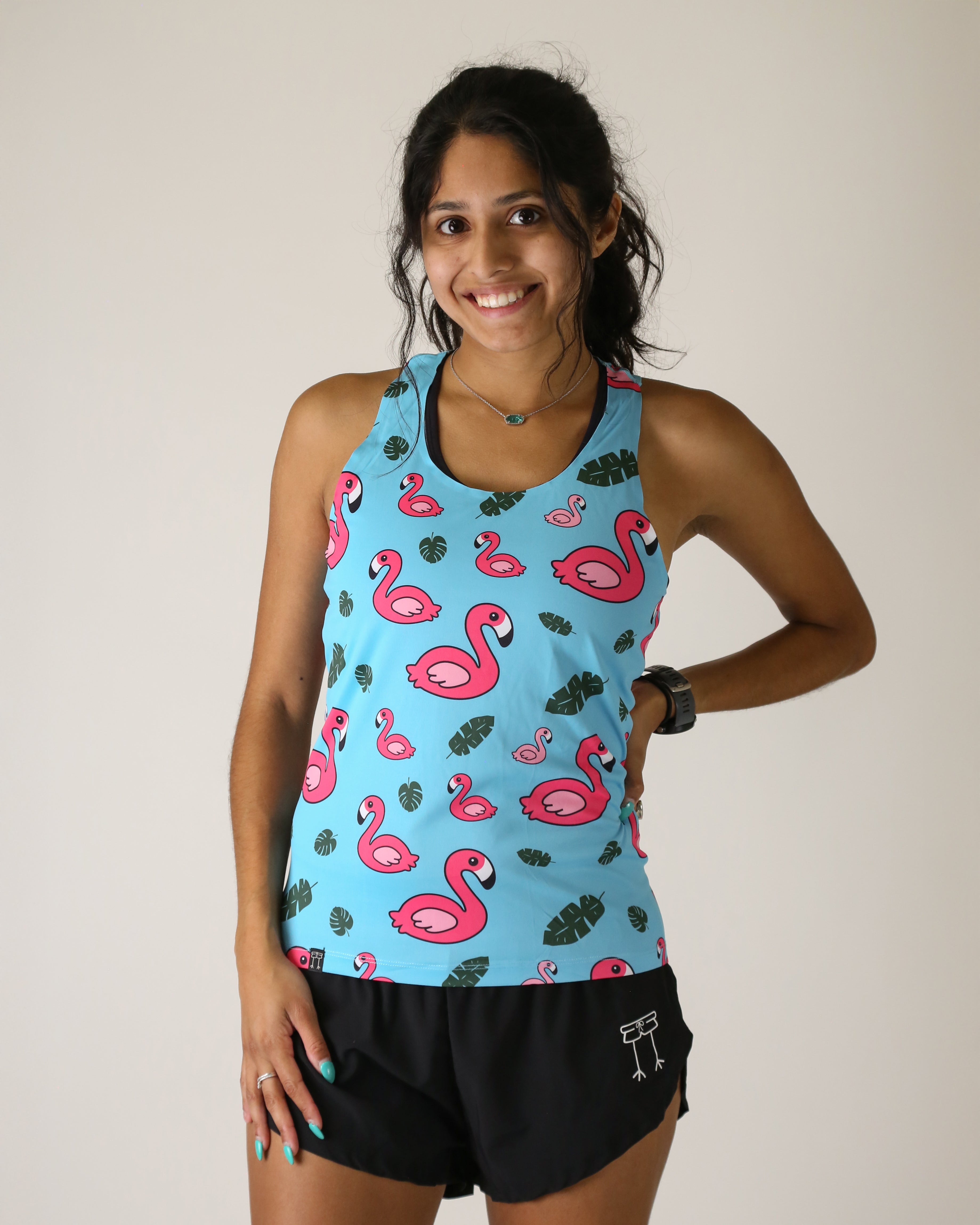 Women's Blue Flamingo Performance Singlet - Breathable Workout Tank Top for Running & Gym - Trendy Athletic Wear for Women's Fitness & Active Lifestyle