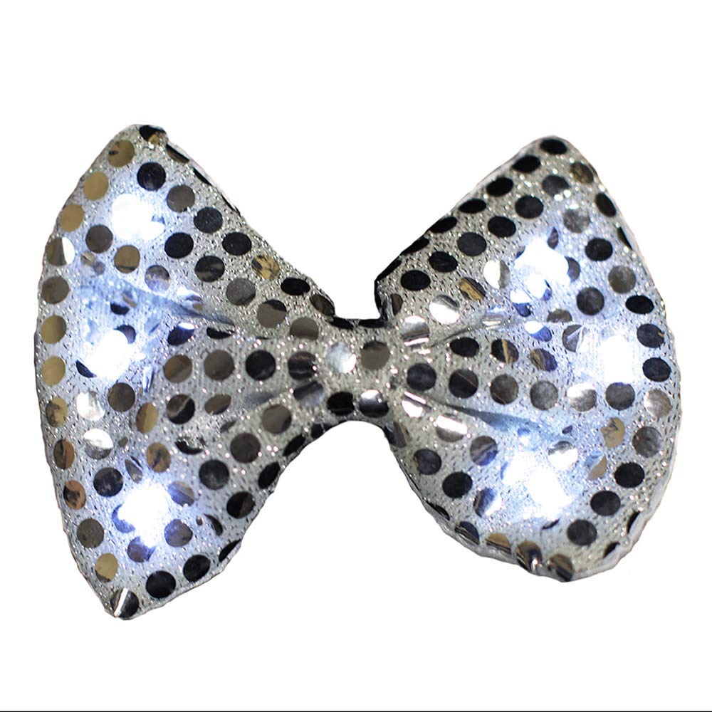 Silver Sequin LED Flashing Bow Tie - White Lights for Costume Party, Gag Gift for Men & Women | Perfect for Halloween, Christmas, Prom & Themed Events