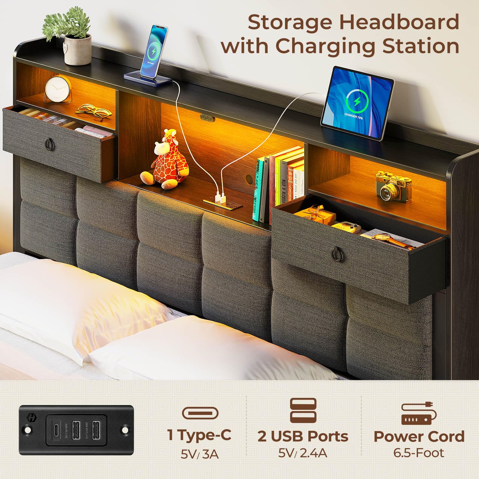 Rolanstar Queen Size Upholstered Platform Bed Frame with Storage Drawers, USB Charging Station & LED Headboard - Heavy Duty Metal Frame, No Box Spring Needed, Noise Free, Grey - Perfect for Modern Bedrooms, Guest Rooms & Small Spaces