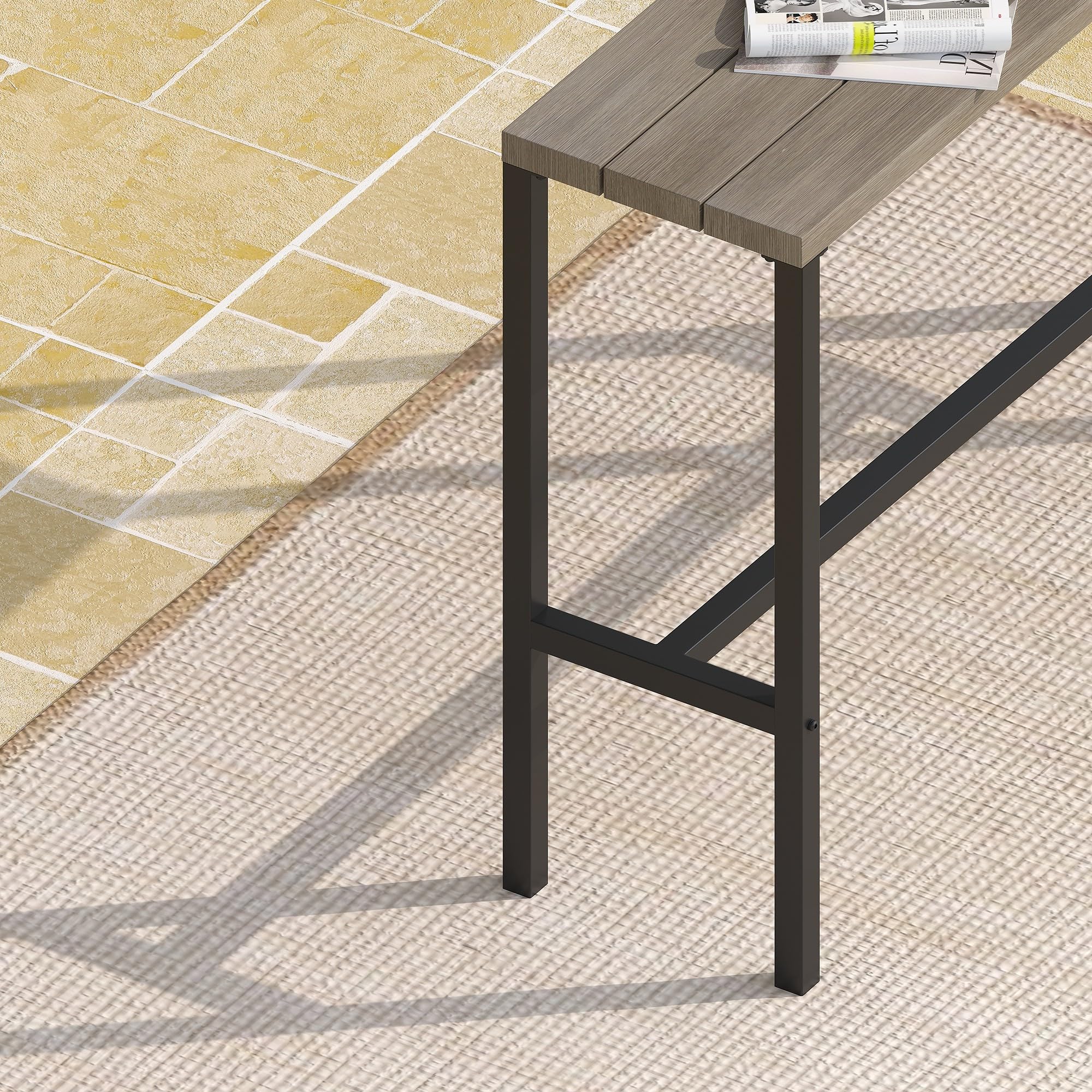 DIFY 45.3 Inch Outdoor Bar Table - Patio Pub Height Dining Table with Wood-Like Tabletop - Narrow Rectangle Design for Bistro, Balcony, Garden & Backyard - Weather-Resistant Grey Finish - Perfect for Outdoor Entertaining, BBQs & Small Space Dining