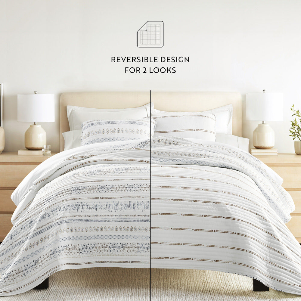 Relic Stripe Reversible Quilted Coverlet Set - Queen Size Bedspread with Matching Shams | Cozy & Stylish Bedding for Master Bedroom or Guest Room