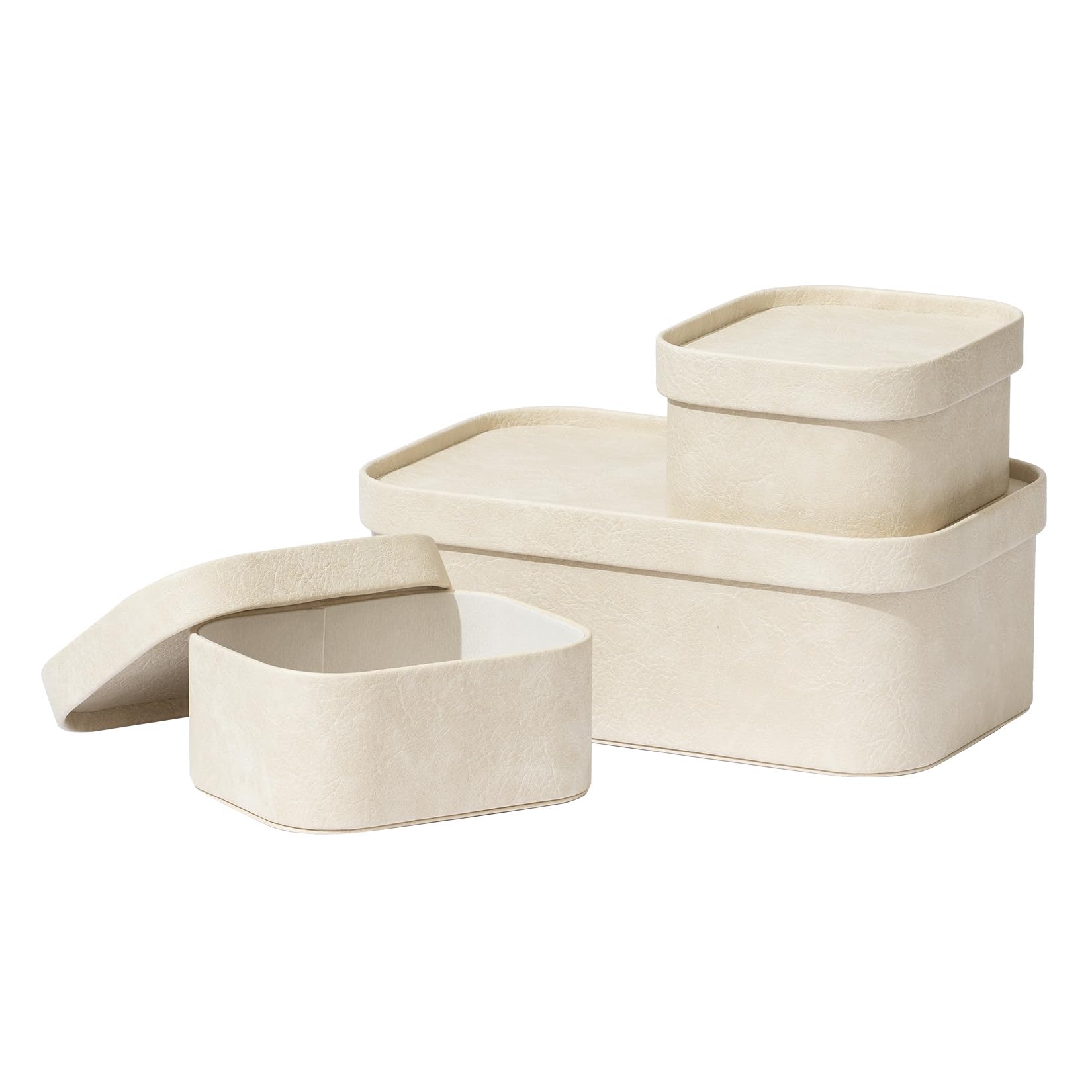 La Jolie Maison 3-Piece Vegan Leather Storage Box Set with Lids - Stackable Decorative Organizer Boxes for Home, Office & Closet - Beige Storage Containers for Jewelry, Makeup & Small Items