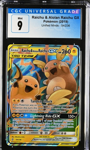 2019 Pokemon Unified Minds Raichu 54/236 CGC 9 Mint Condition - Rare Trading Card for Collectors & Battles